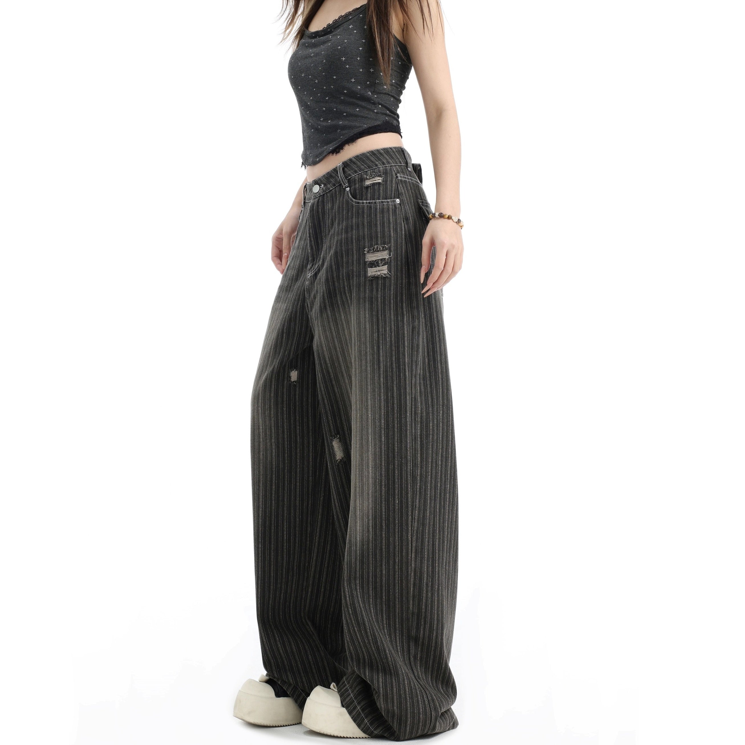Vintage Vertical Stripe Loose Ripped Jeans IN7063