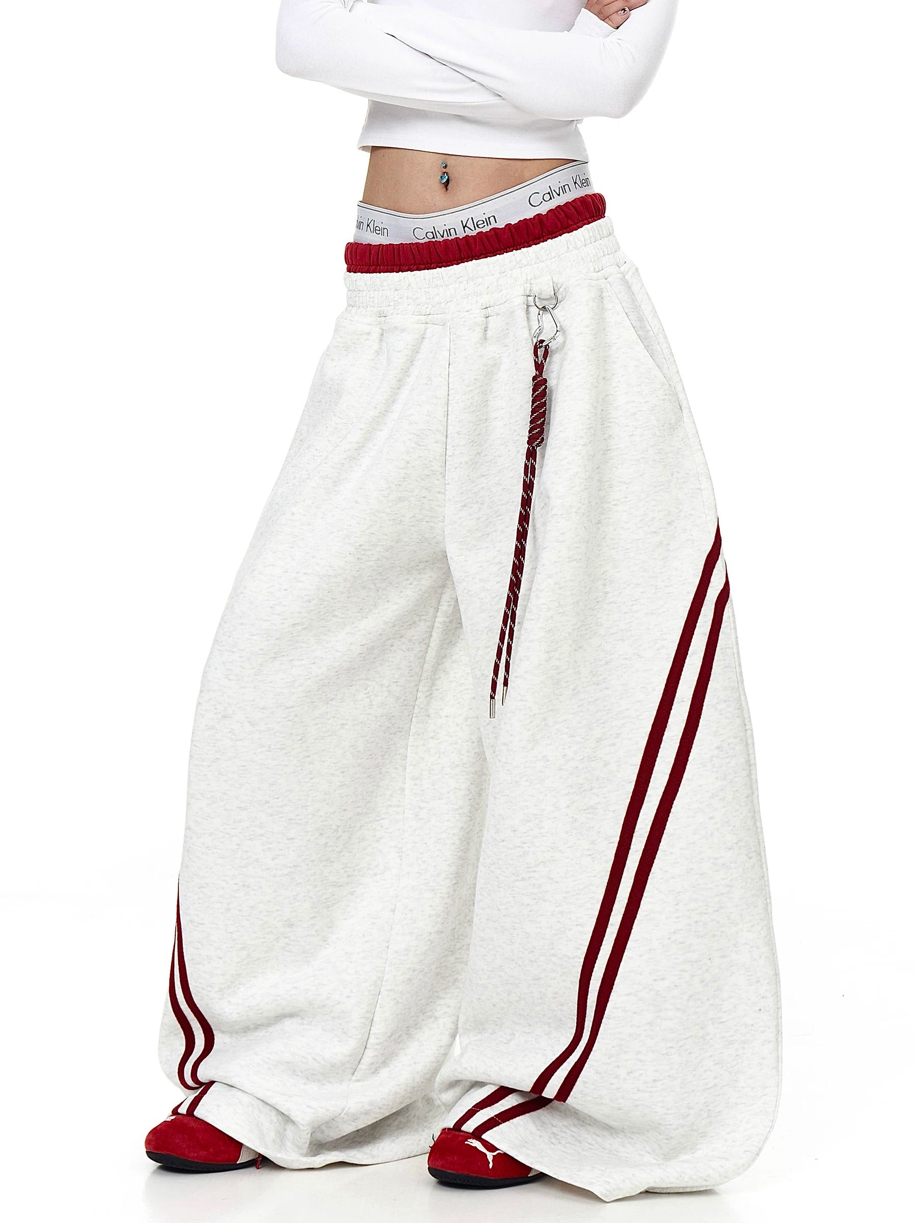 Contrasting Line Double-Waist Wide Curve Sweat Pants MB7431