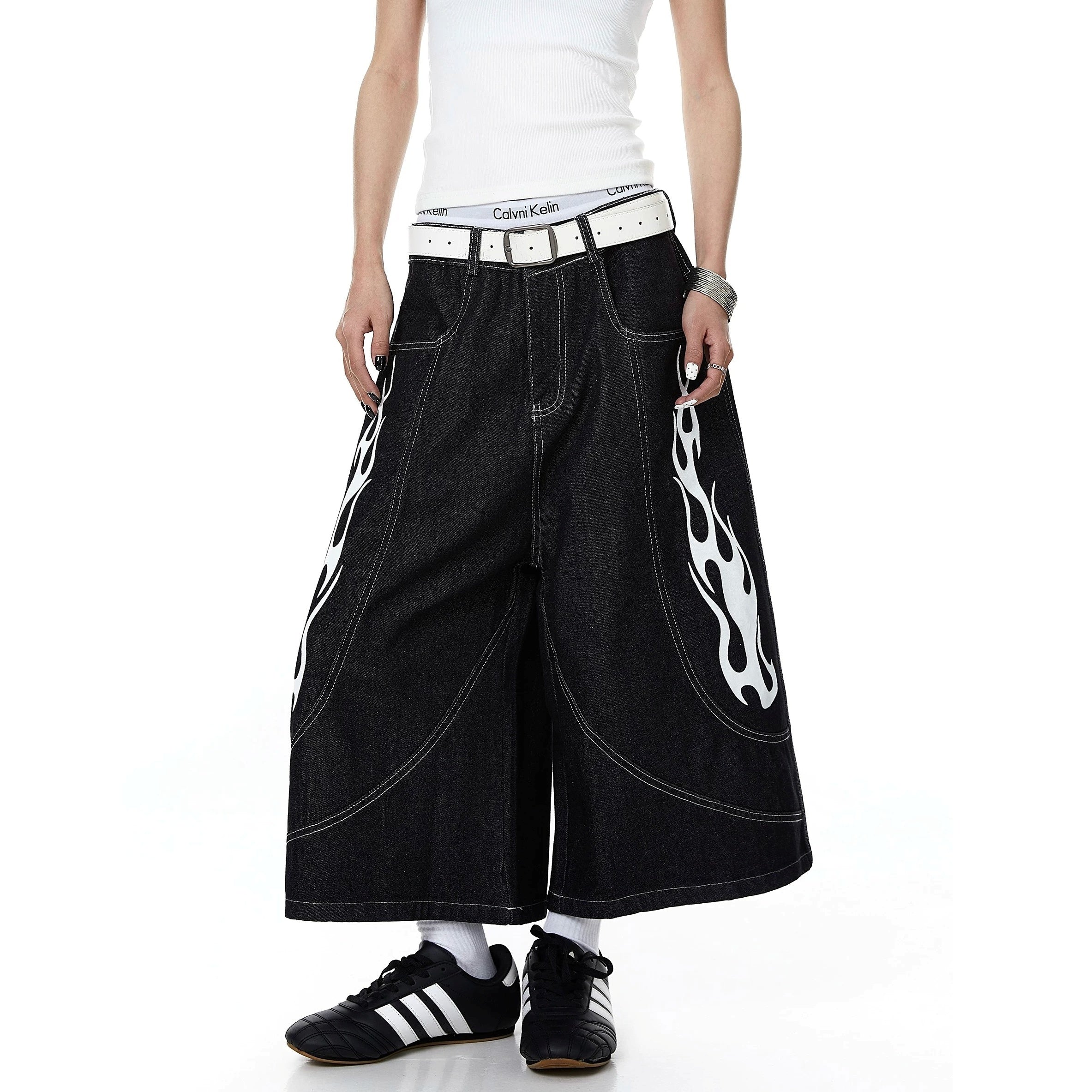 Flame Print Cropped Denim Wide Pants MB7410