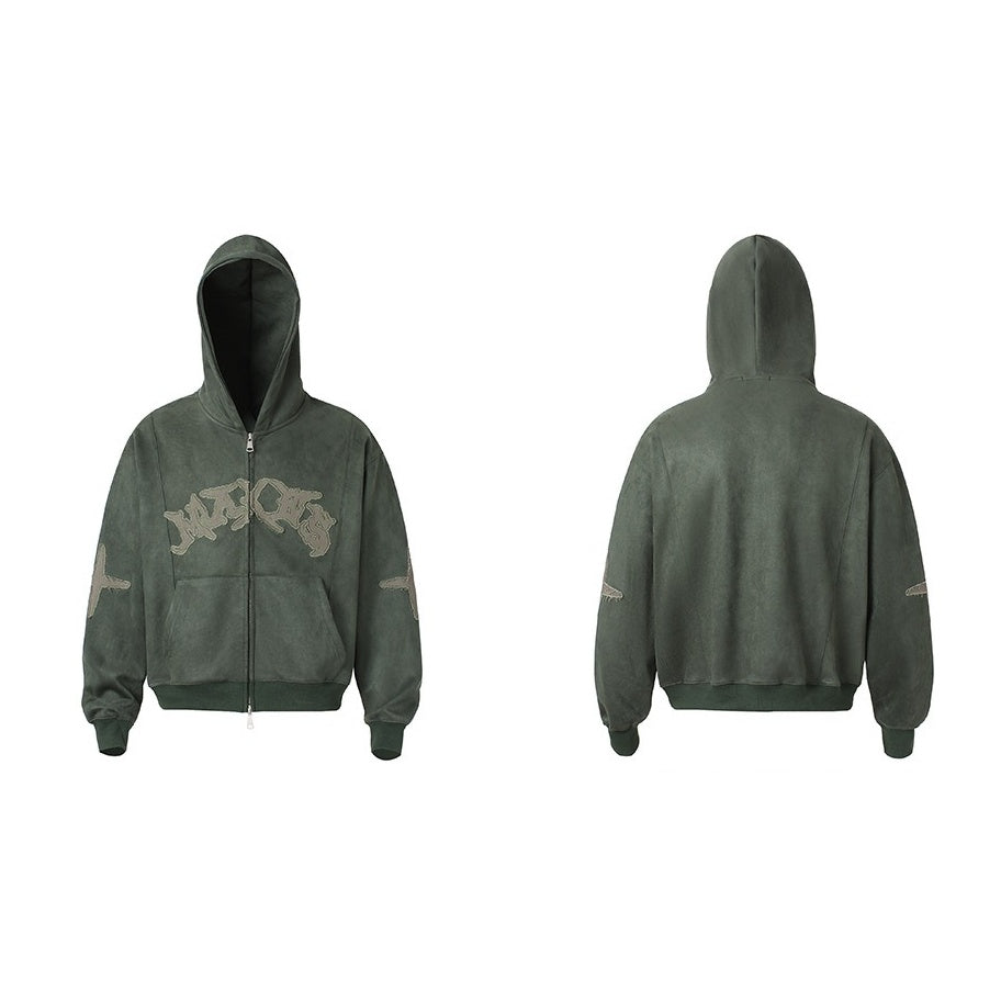 Letter Embroidered Suede Like Zipper Hoodie MB7435