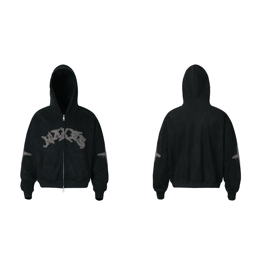 Letter Embroidered Suede Like Zipper Hoodie MB7435