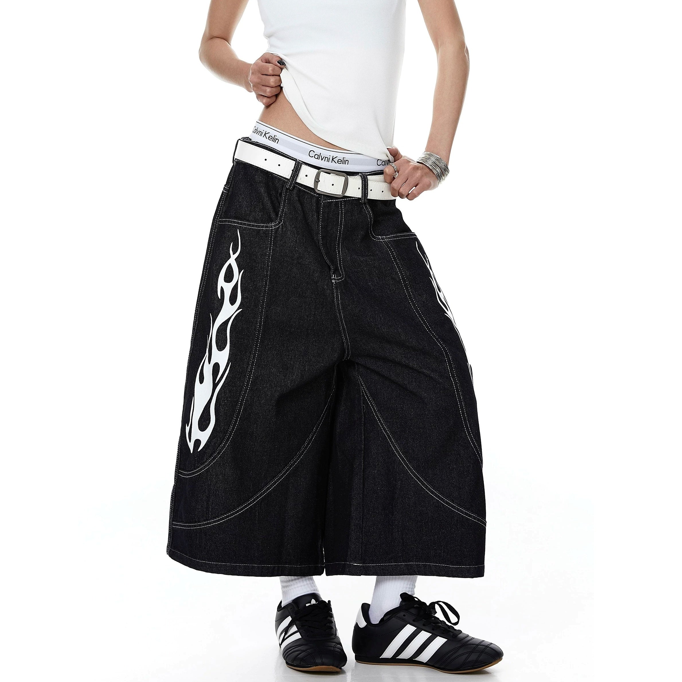 Flame Print Cropped Denim Wide Pants MB7410