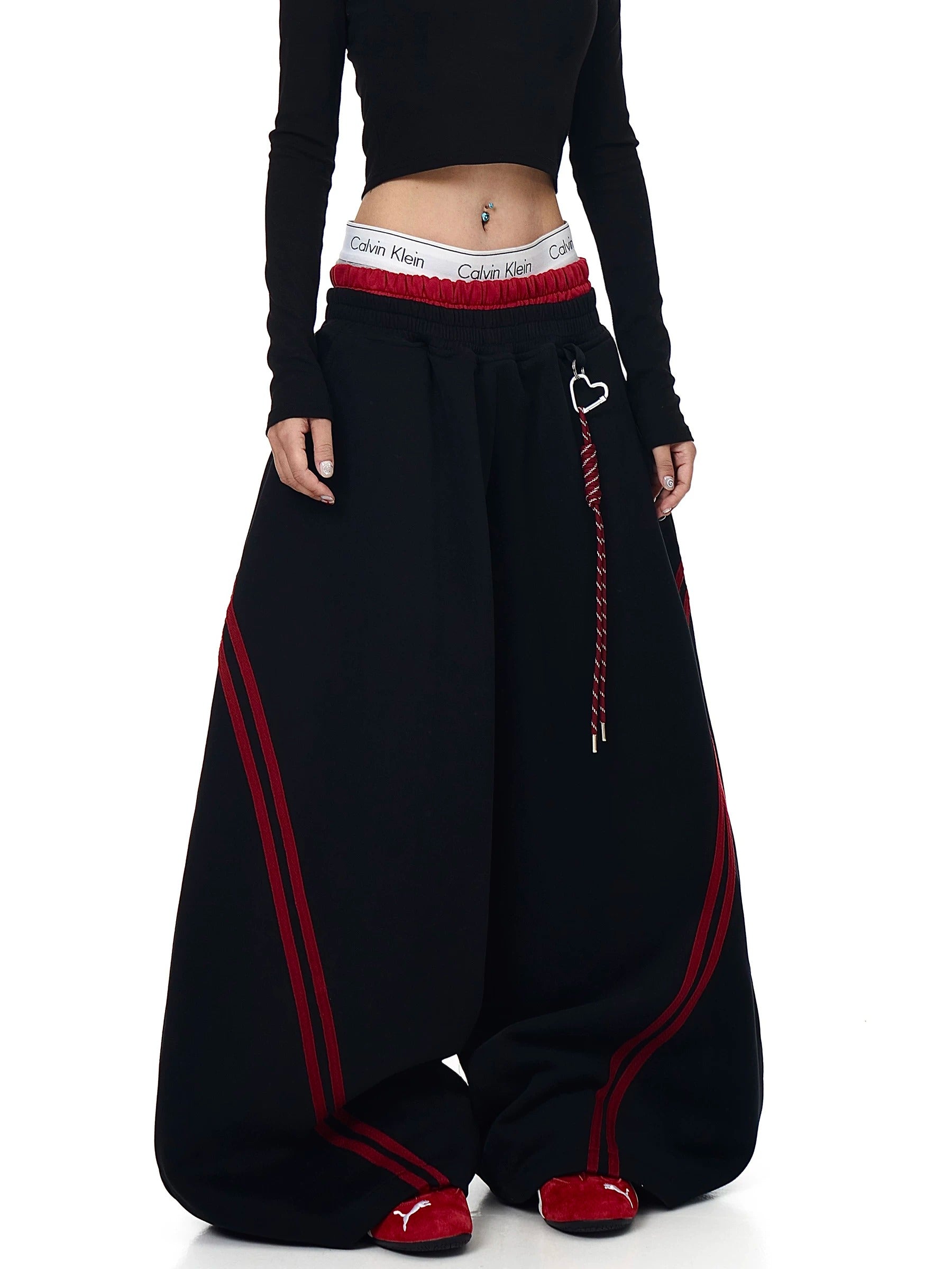 Contrasting Line Double-Waist Wide Curve Sweat Pants MB7431