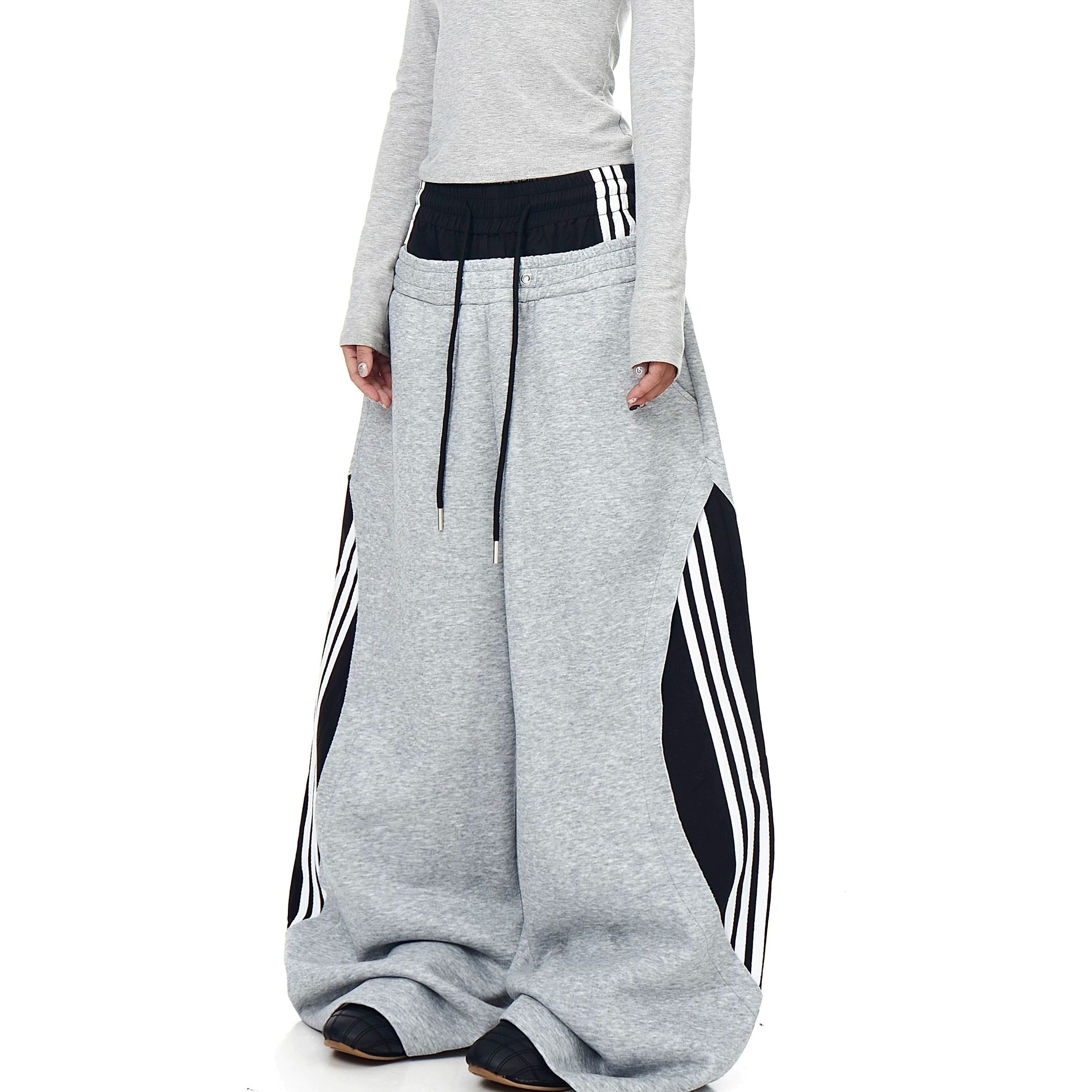 Double-Waist Patchwork Three-Stripe Wide Sweat Pants MB7406