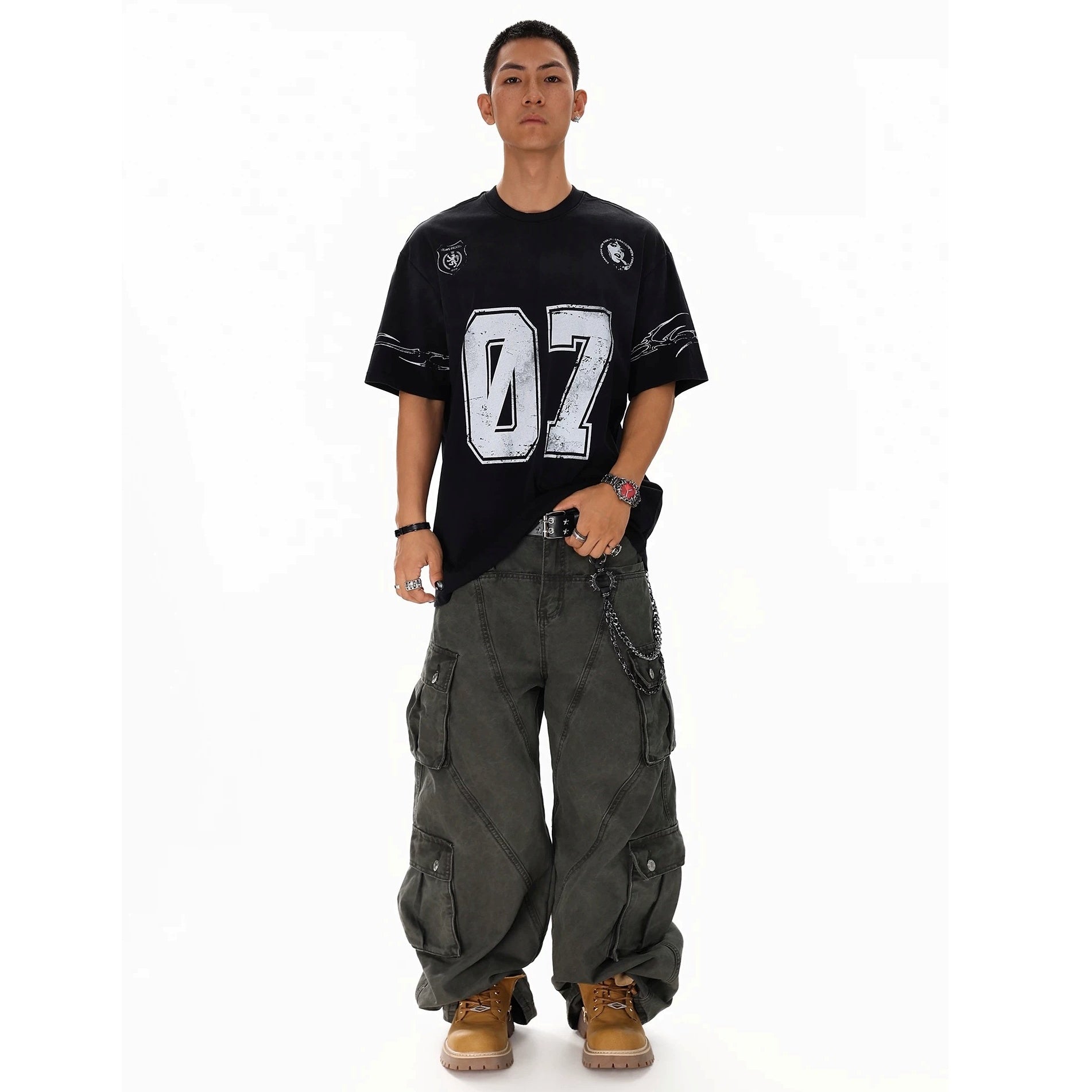 Dirty Dye Distressed Numbering Printed T-Shirt MB7415