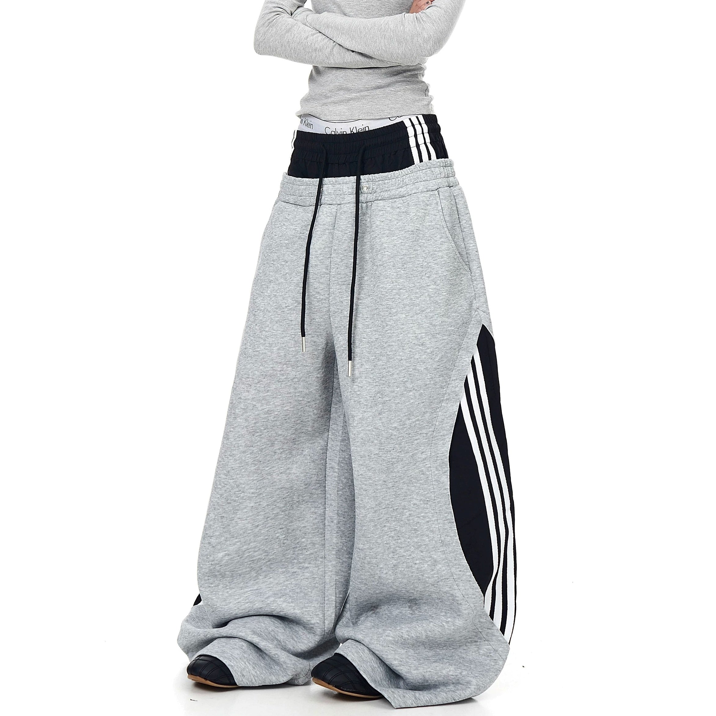 Double-Waist Patchwork Three-Stripe Wide Sweat Pants MB7406
