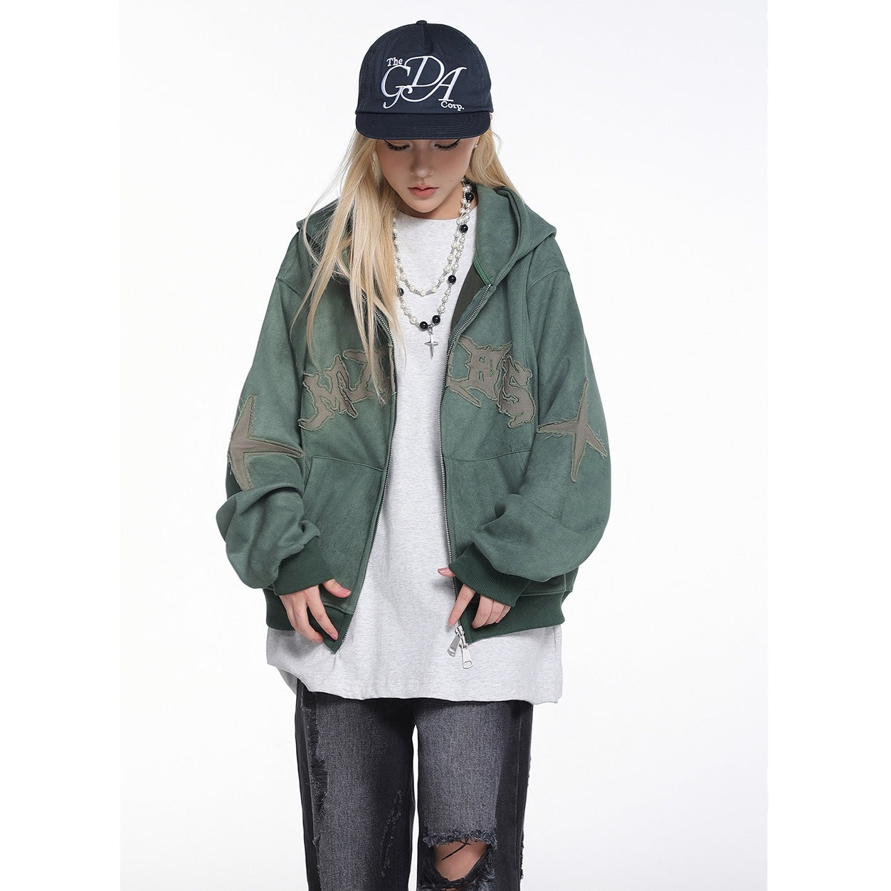 Letter Embroidered Suede Like Zipper Hoodie MB7435