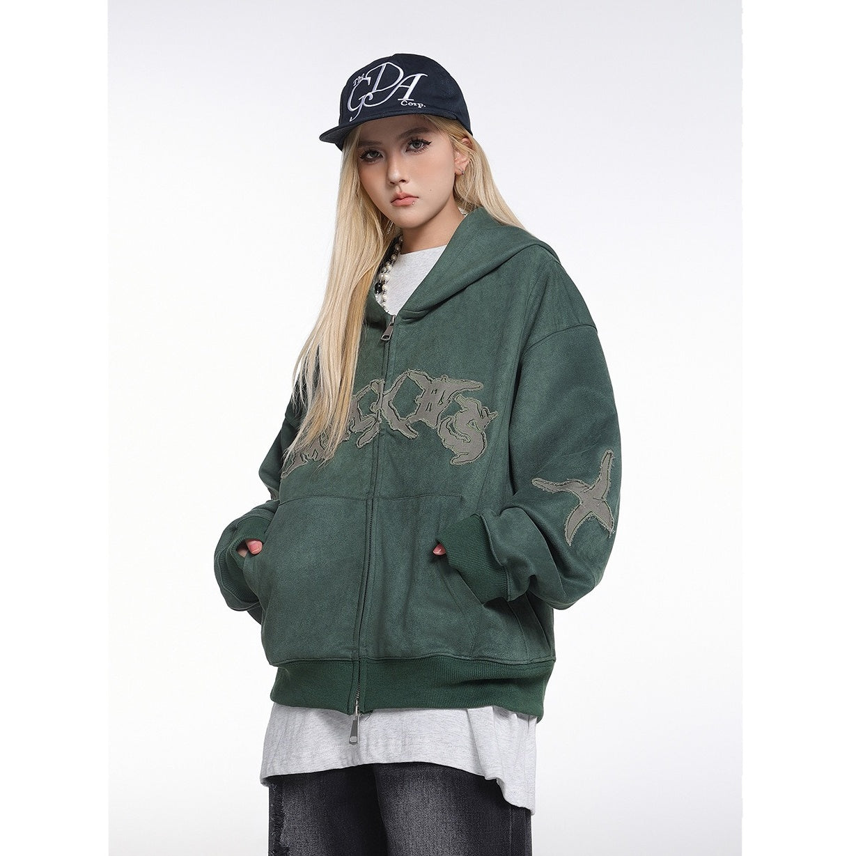 Letter Embroidered Suede Like Zipper Hoodie MB7435