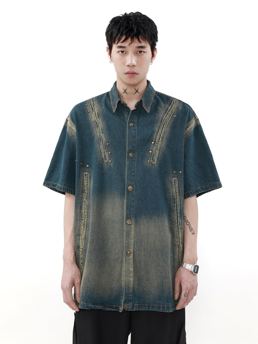 Vintage Wash Gradient Stud Design Denim Short Sleeve Shirt MR023