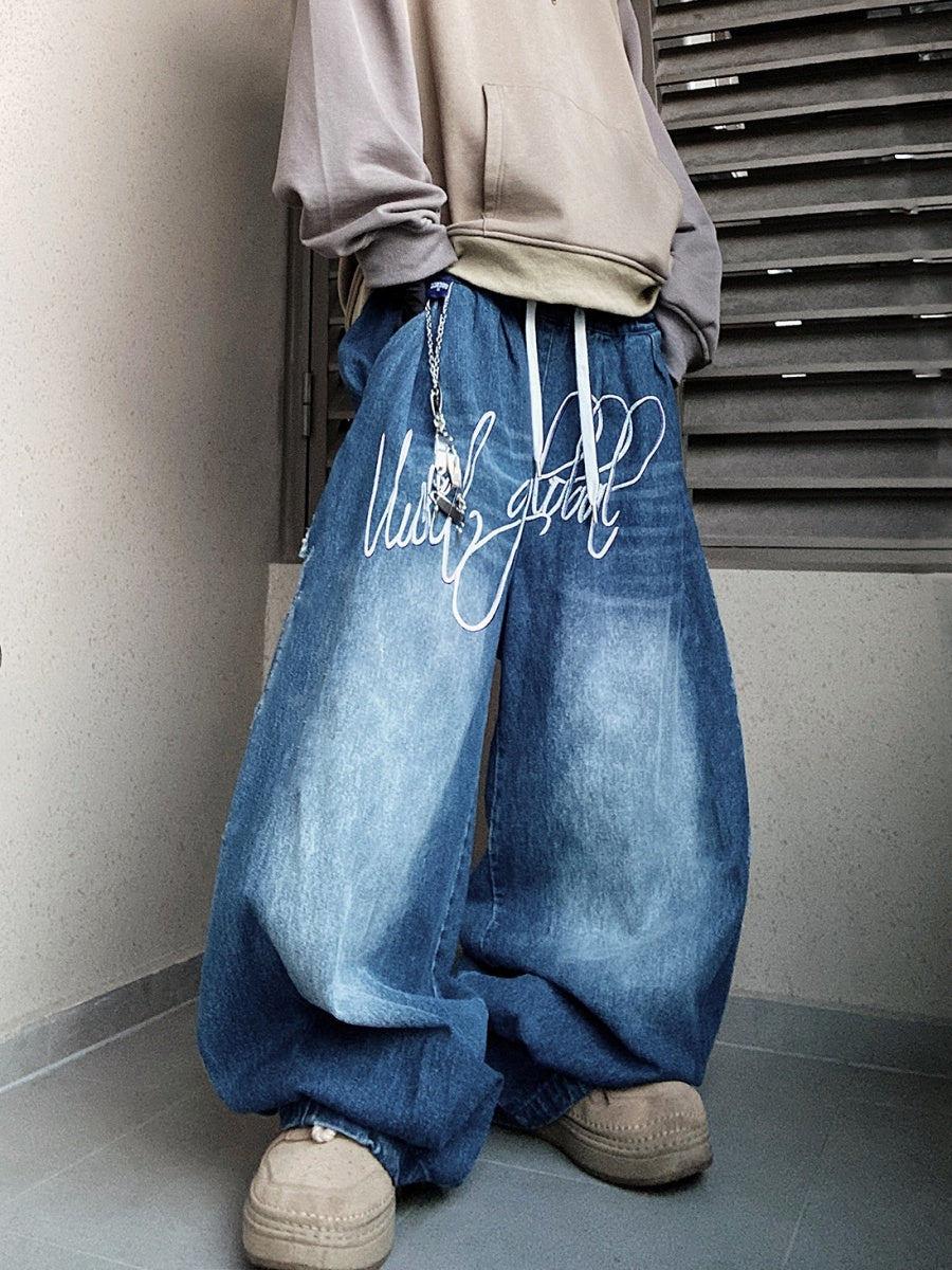 Logo Washed Ripped Wide Jeans UU7018