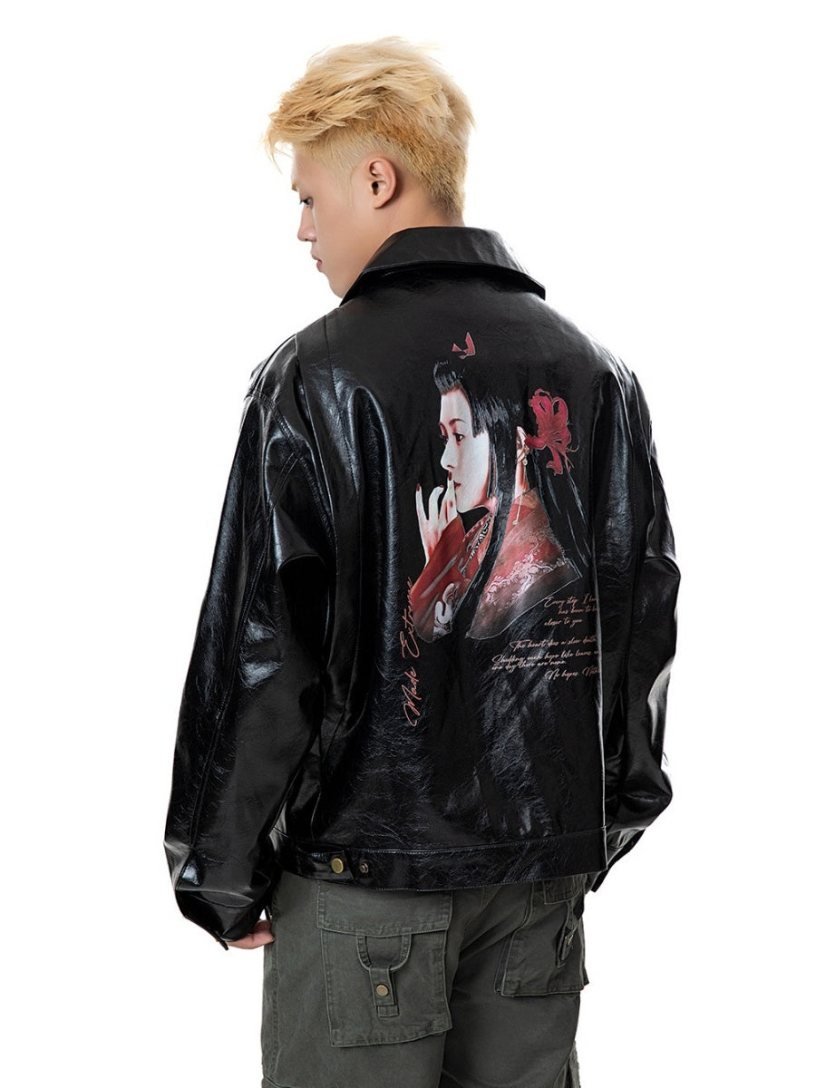 Print Portrait PU Leather Jacket MB7340