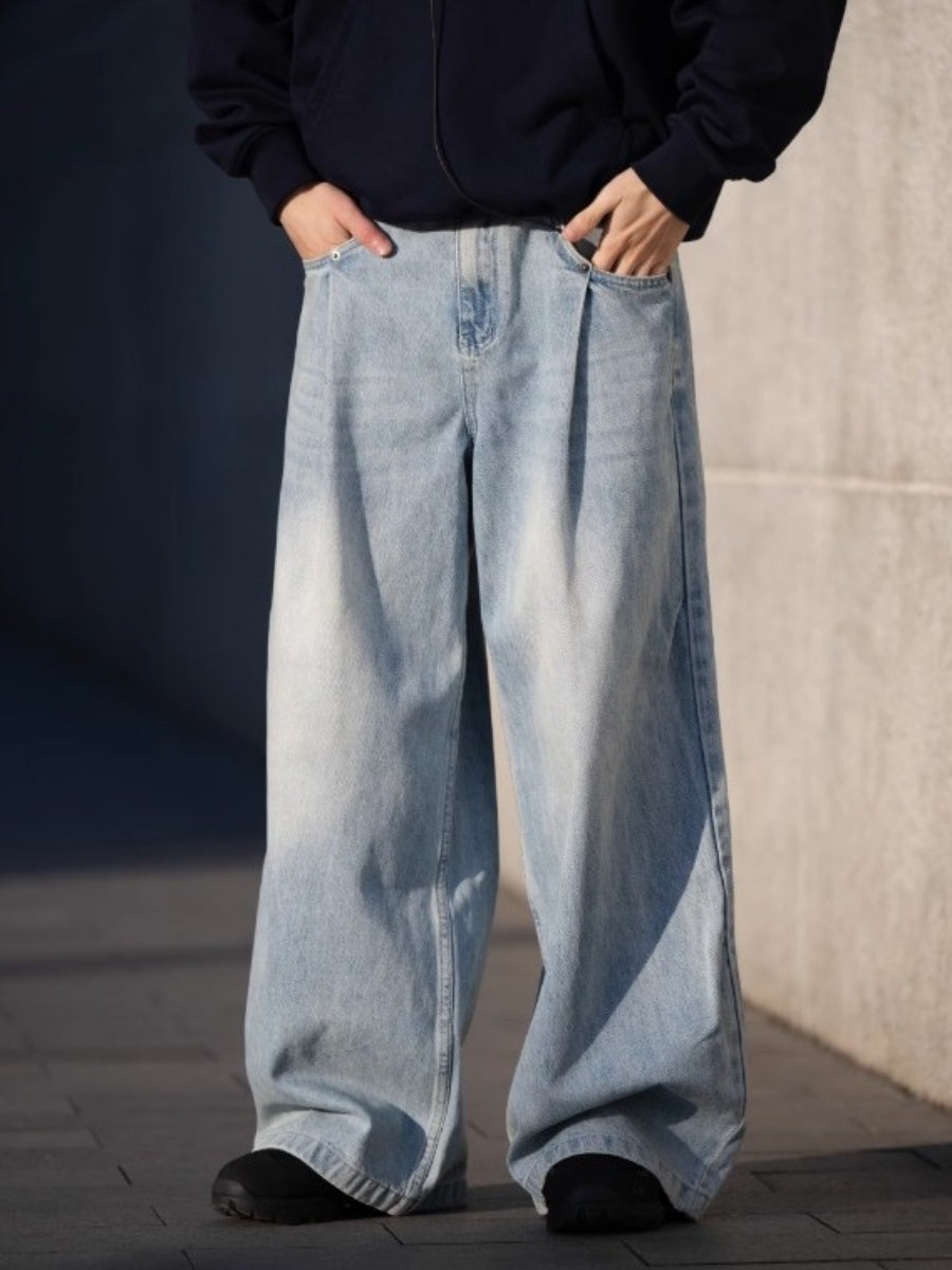 Side Double Pleats Wide Leg Wash Jeans BI2004