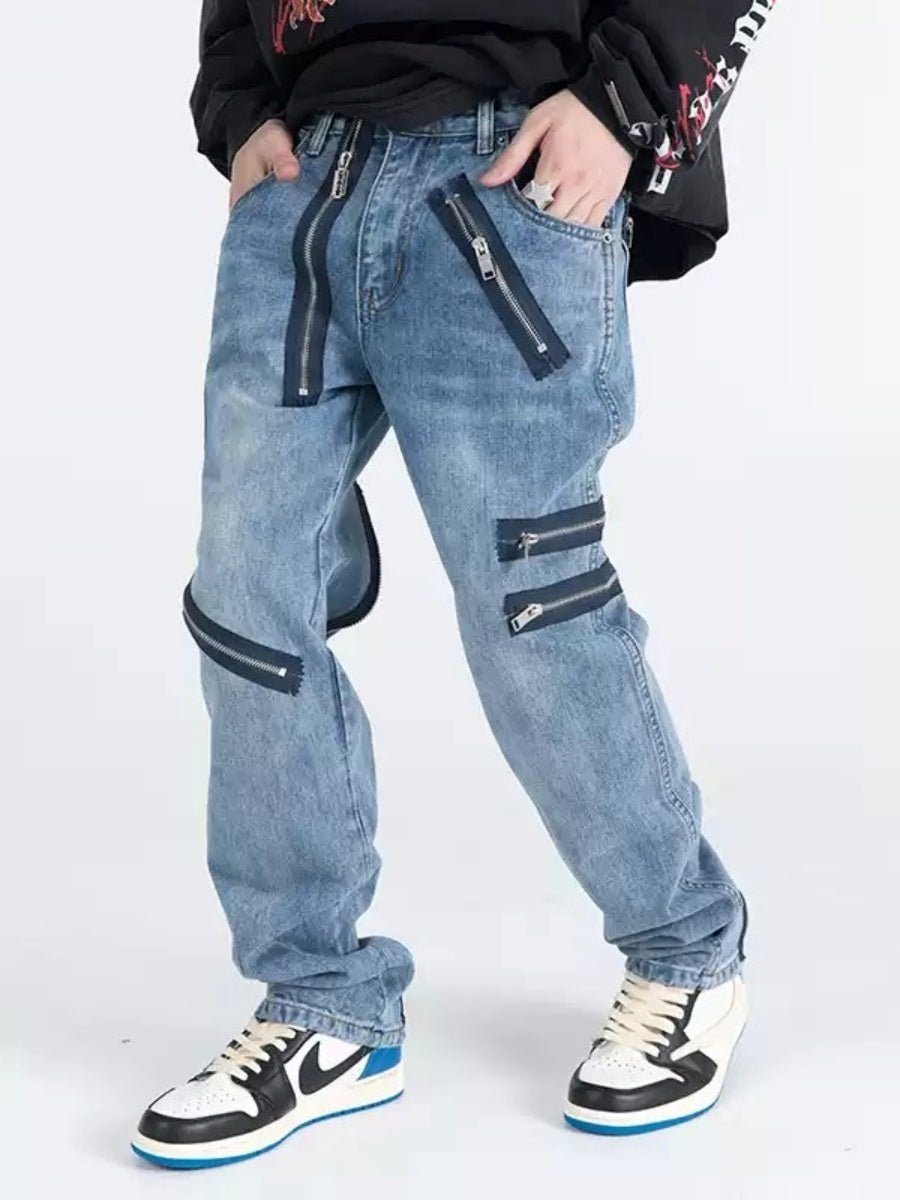 Multi-zip Wash Straight Jeans R9001