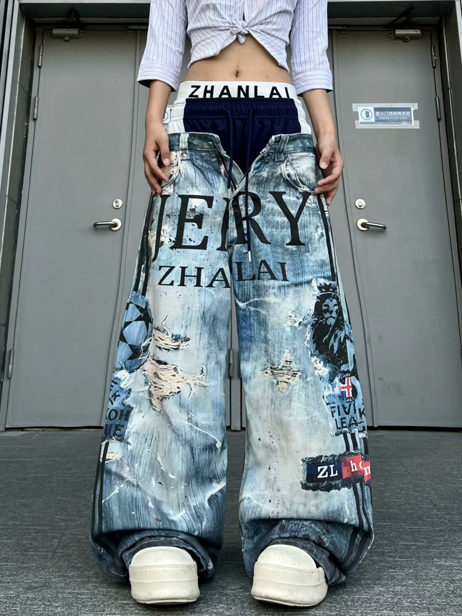 Graffiti Printed Triple Waist Wide Jeans MB7404
