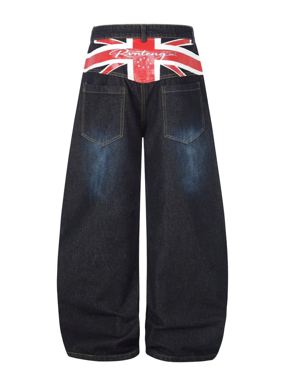 American Flag Print Washed Curved Jeans MB7443