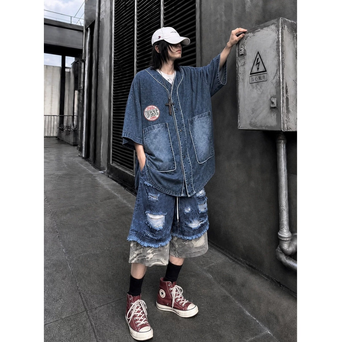 Loose Washed Denim Baseball Shirt MB7380