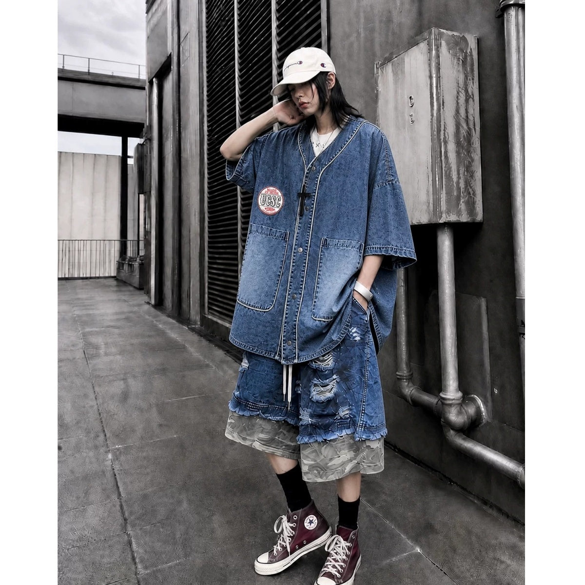 Loose Washed Denim Baseball Shirt MB7380