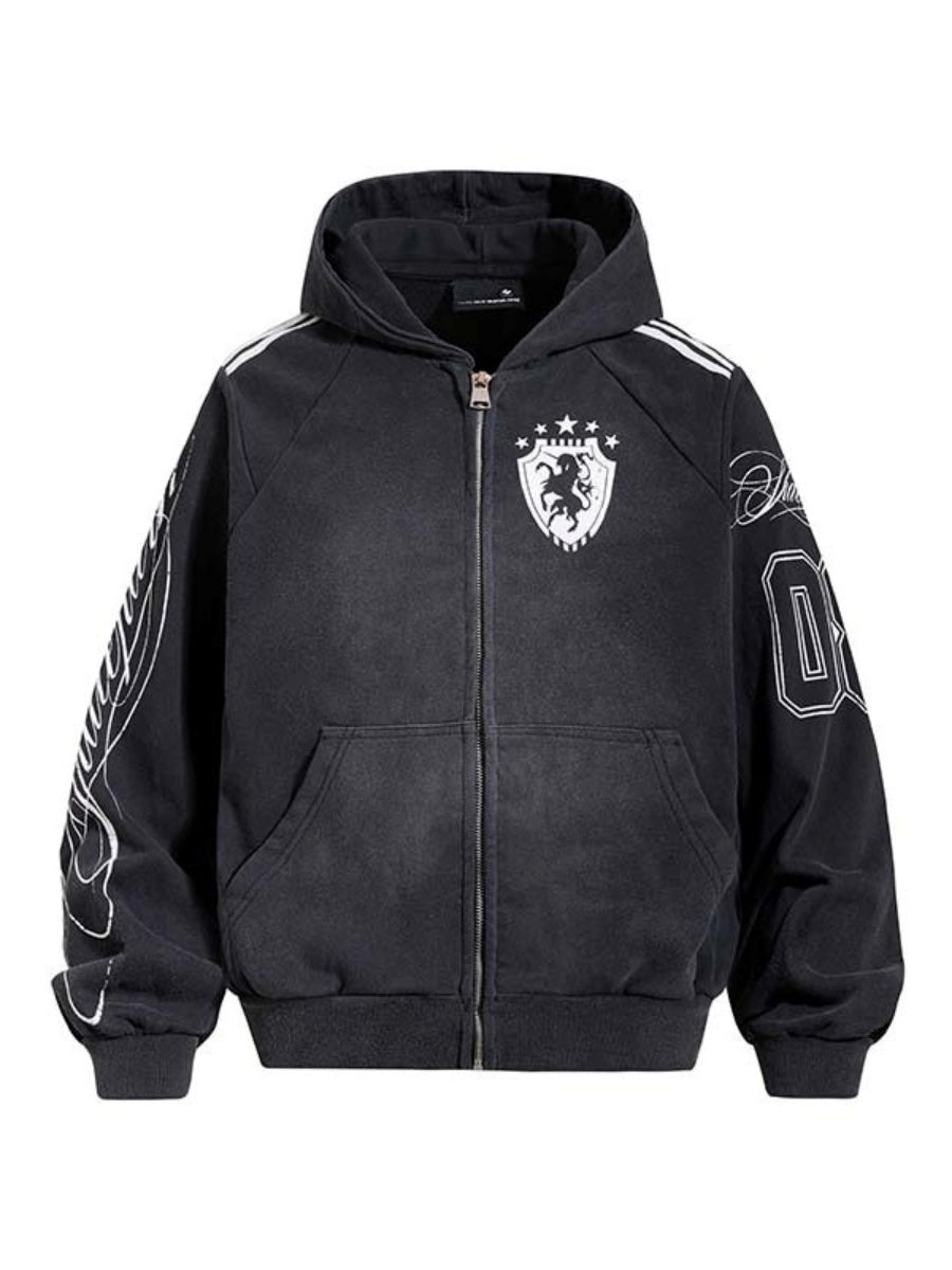 Vintage Badge Print Washed Hooded Jacket MB7463