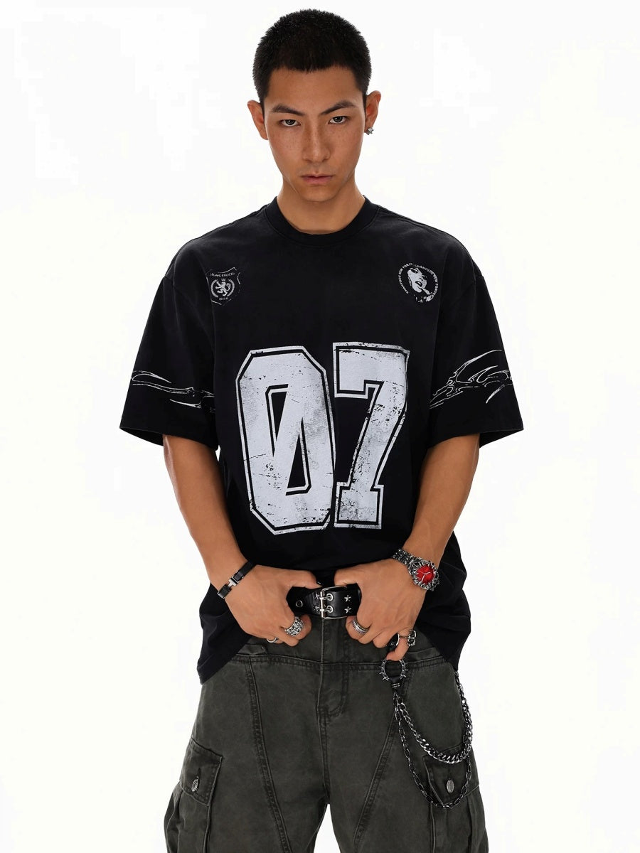 Dirty Dye Distressed Numbering Printed T-Shirt MB7415