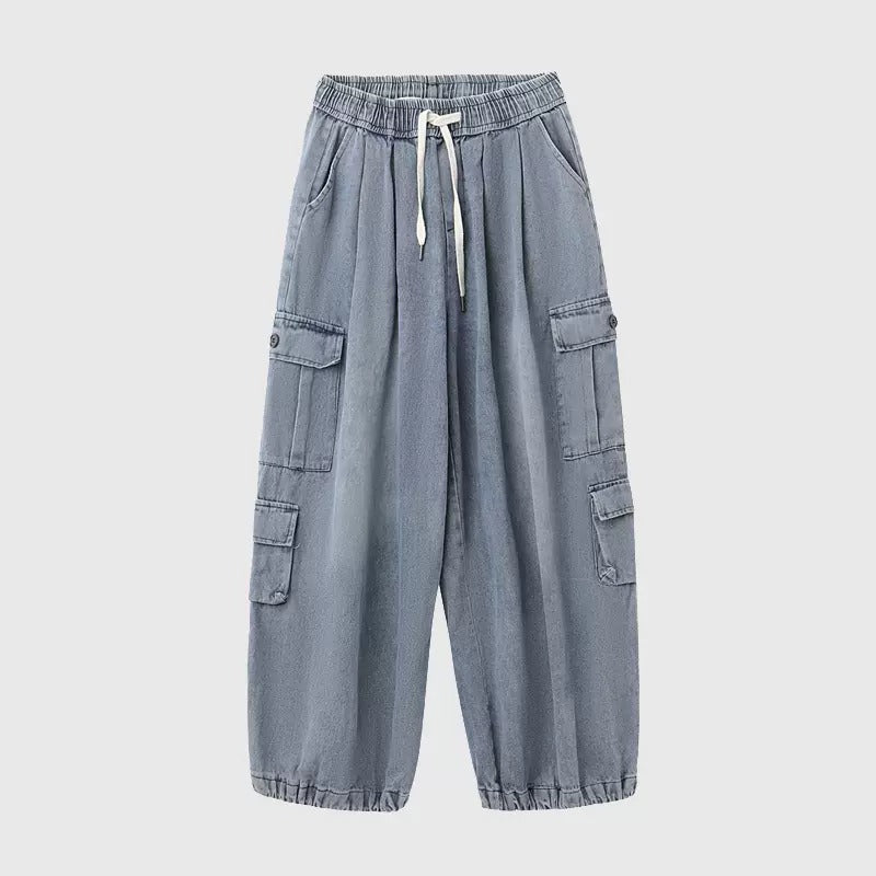Drawstring Washed Loose Casual Cargo Jeans IN7032