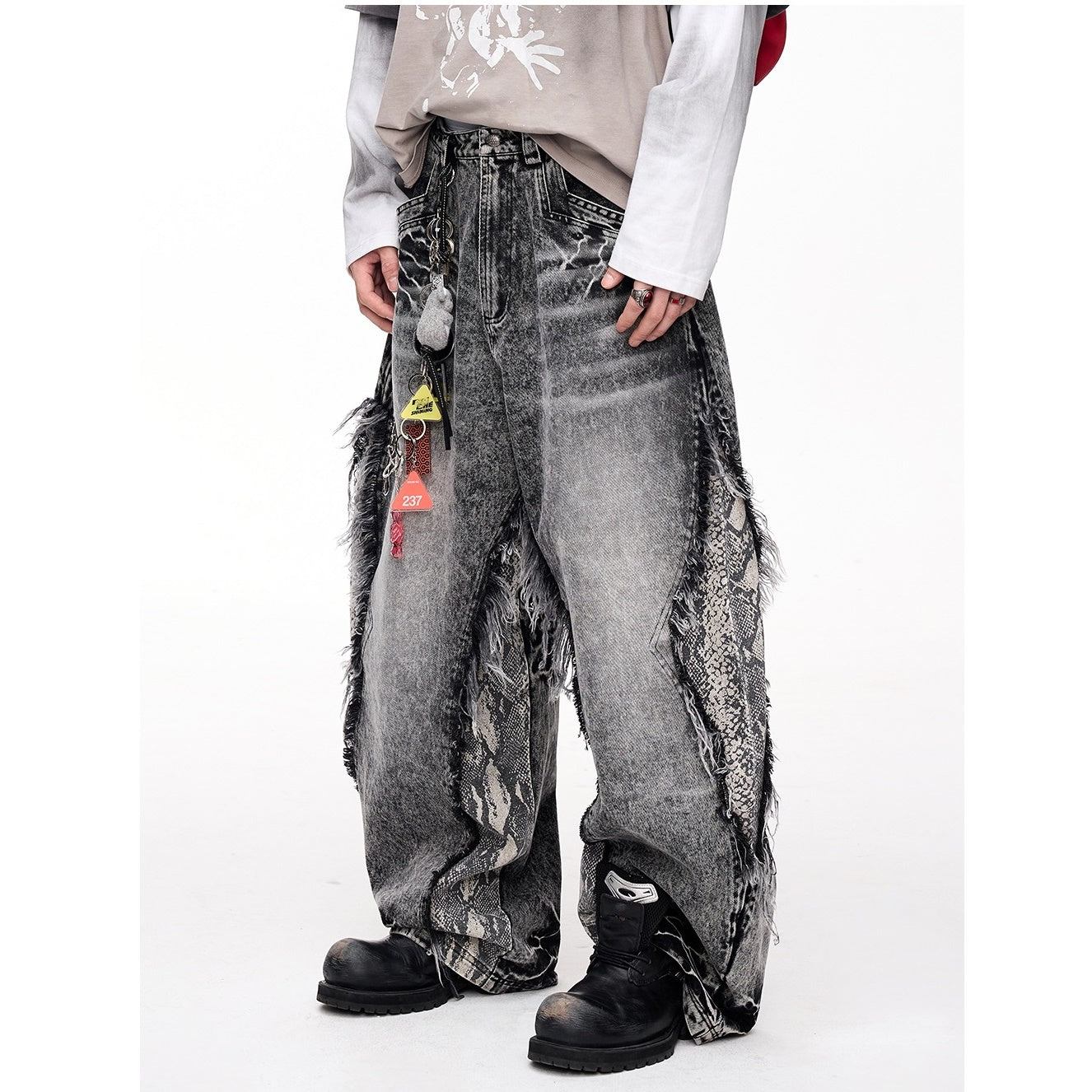 Raw-edged Snakeskin-panelled Washed Barrel Leg Jeans MB7326