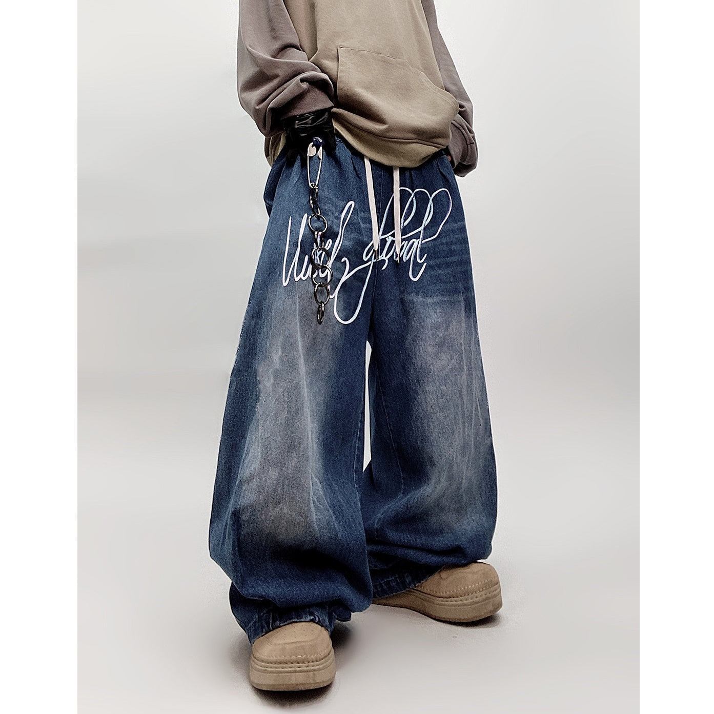 Logo Washed Ripped Wide Jeans UU7018