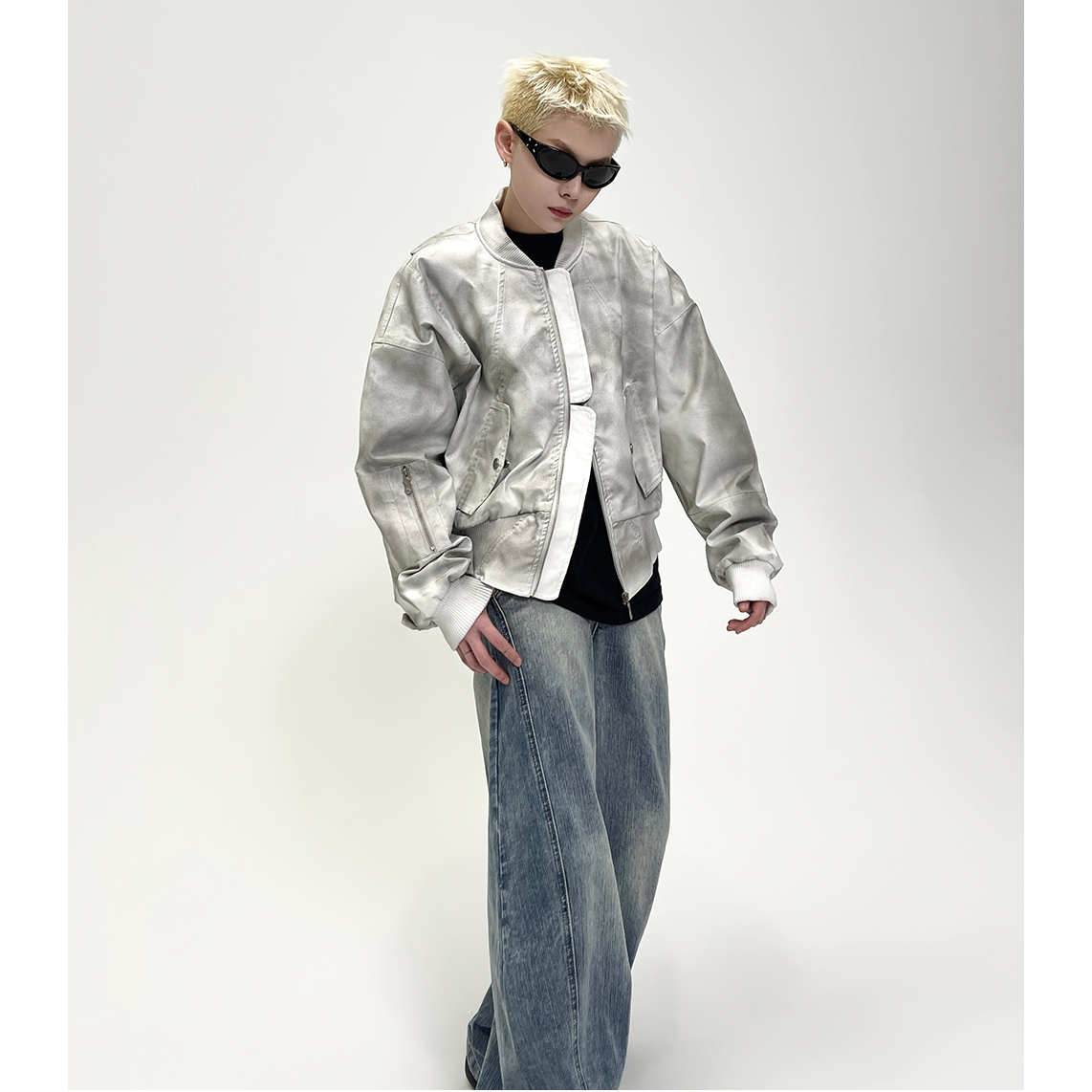 Dirty Washed Leather Baseball Jacket EAT070