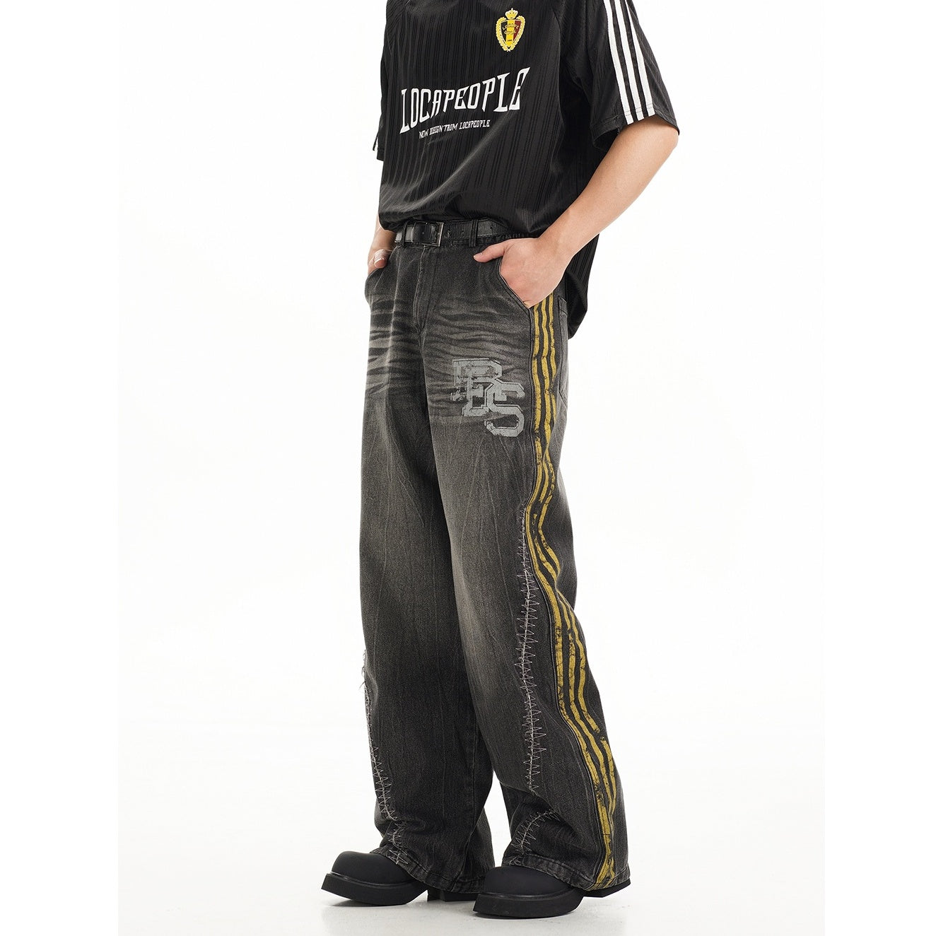 Three-bar Washed Loose Straight Jeans EAT080