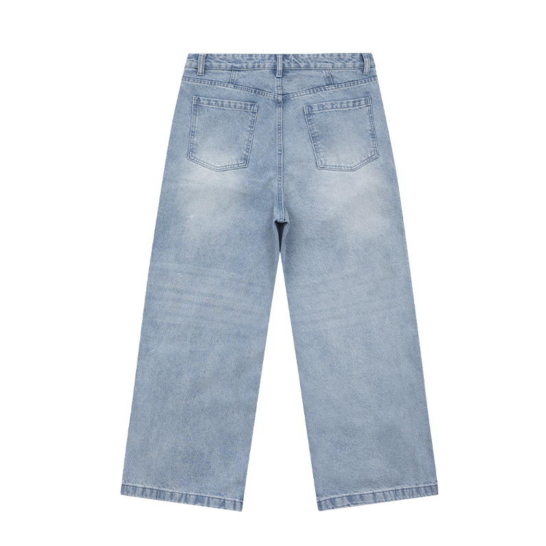 Side Double Pleats Wide Leg Wash Jeans BI2004