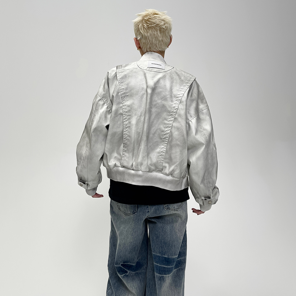 Dirty Washed Leather Baseball Jacket EAT070