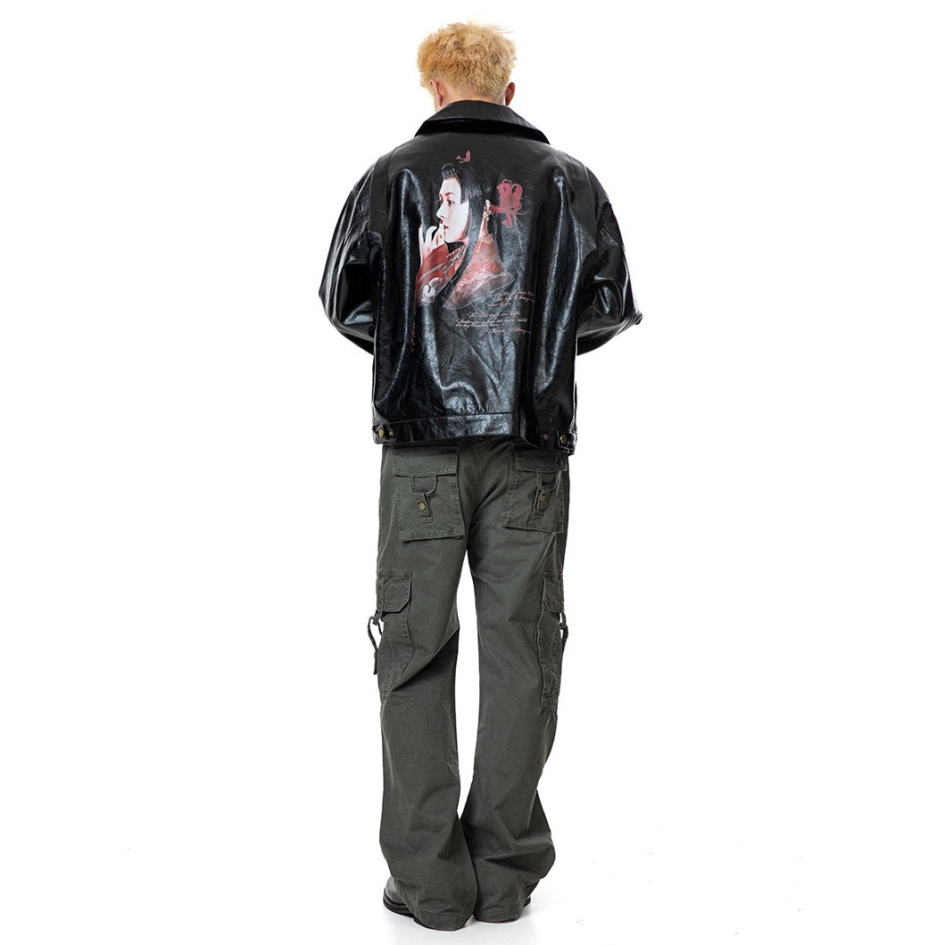 Print Portrait PU Leather Jacket MB7340