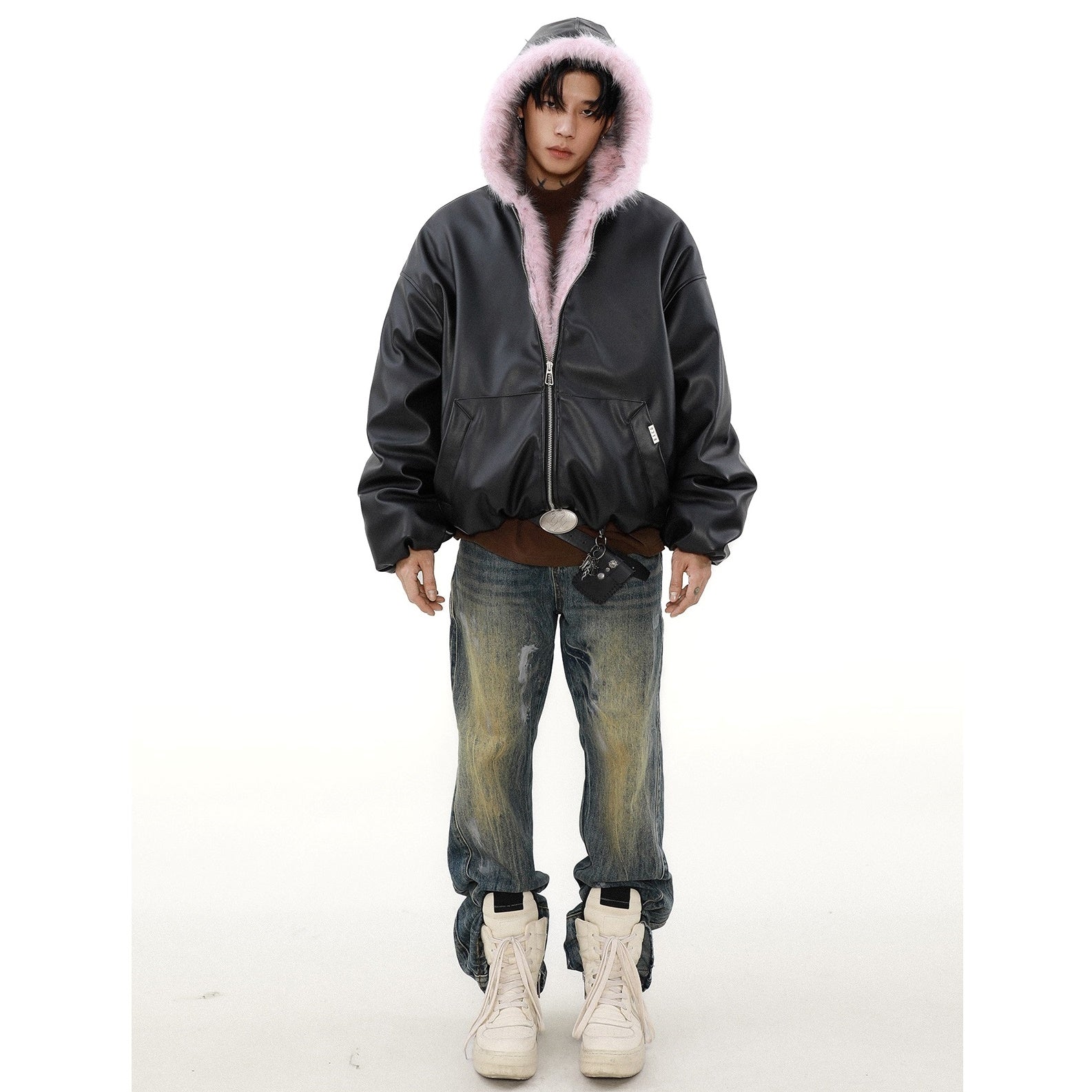 Plush PU Leather Hooded Jacket MB7294