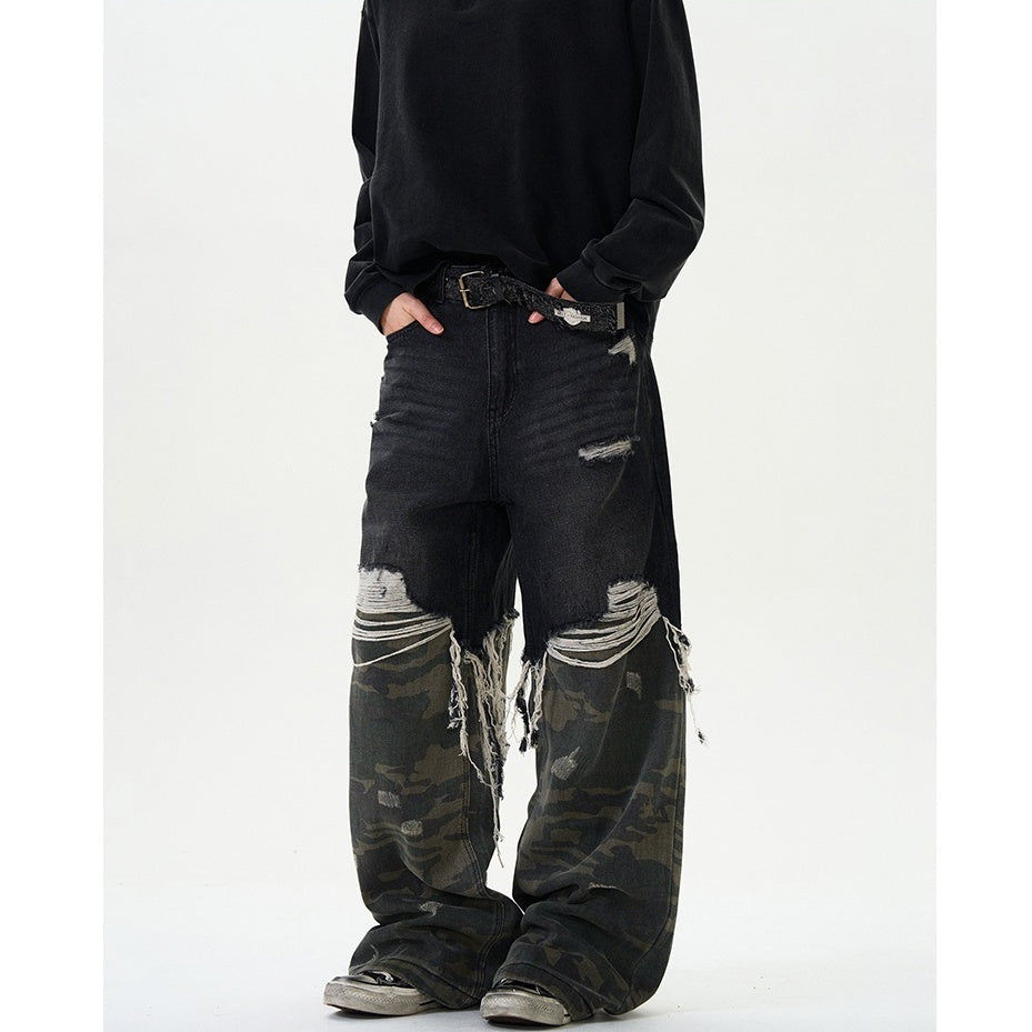 Camouflage Stitching Damage Loose Jeans MB7341
