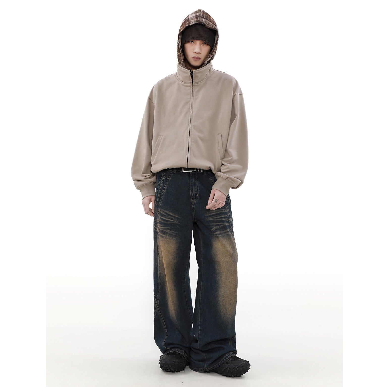 Check Hooded Stand Collar ZIP-Up Parka MB7234