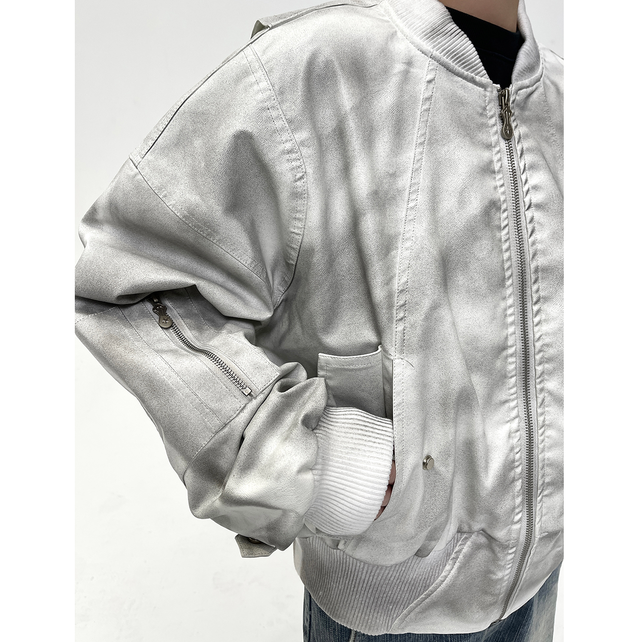 Dirty Washed Leather Baseball Jacket EAT070