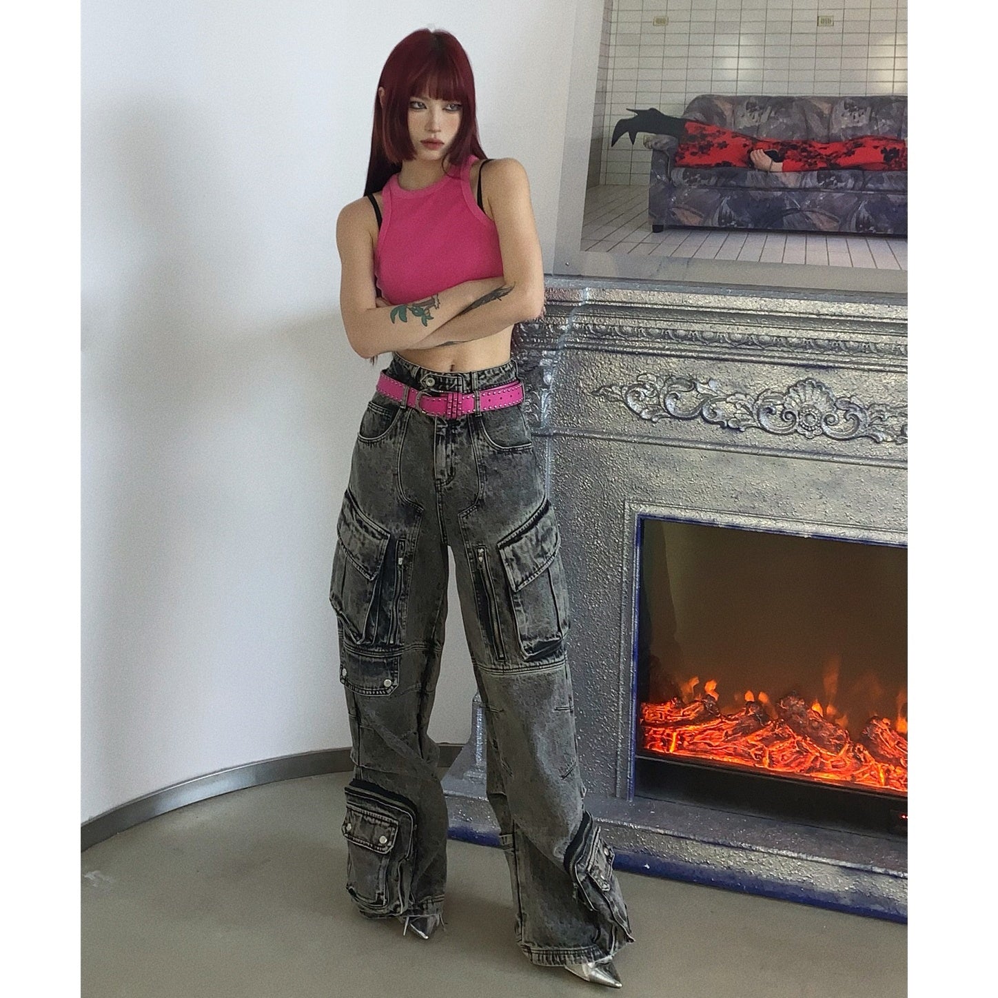 Wide-leg Double Pocket Cargo Jeans MB7028