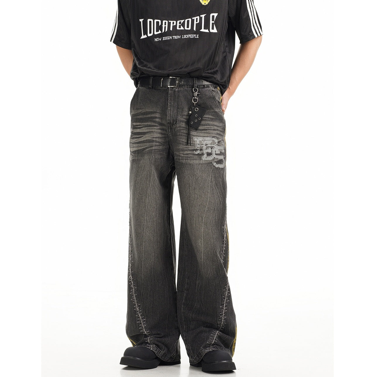 Three-bar Washed Loose Straight Jeans EAT080