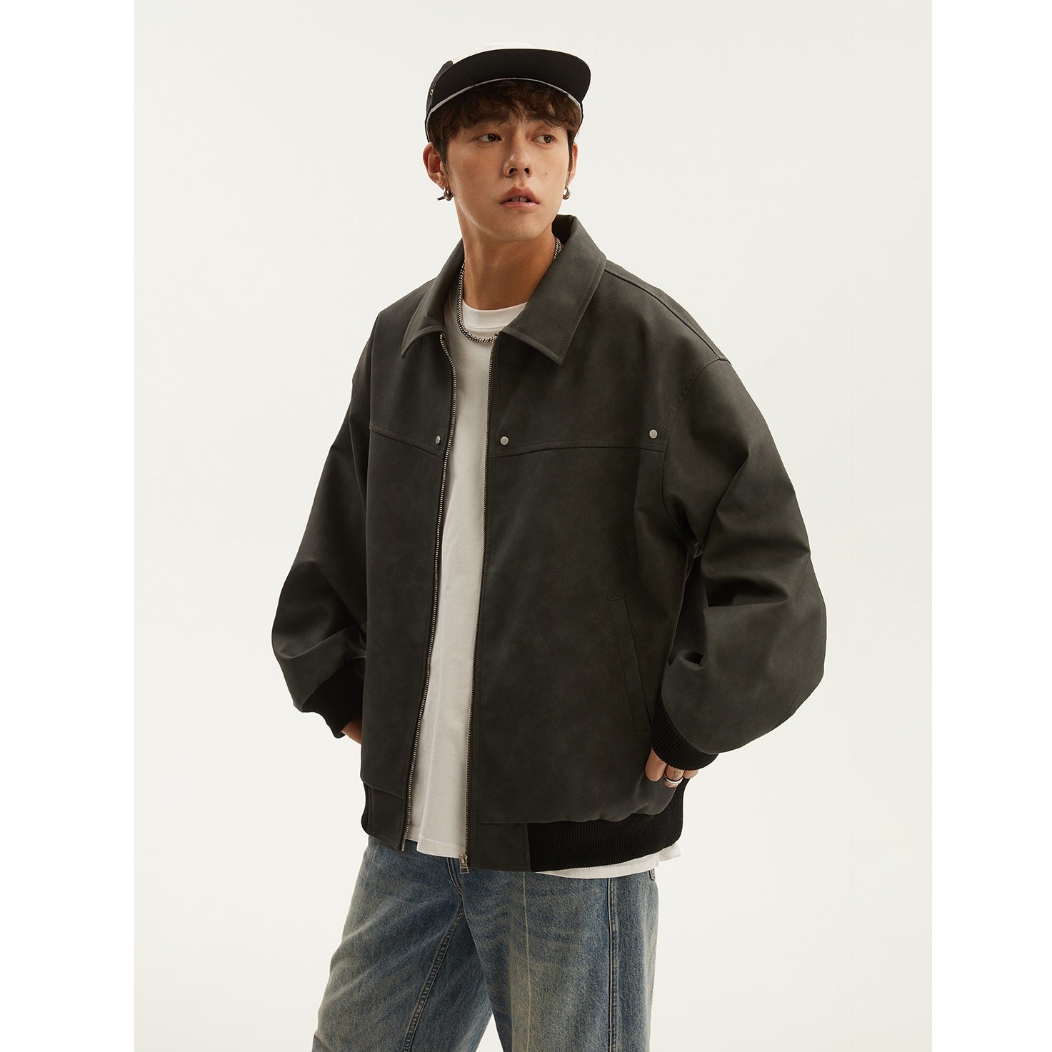 PU Leather Loose Distressed Work Jacket MB7249