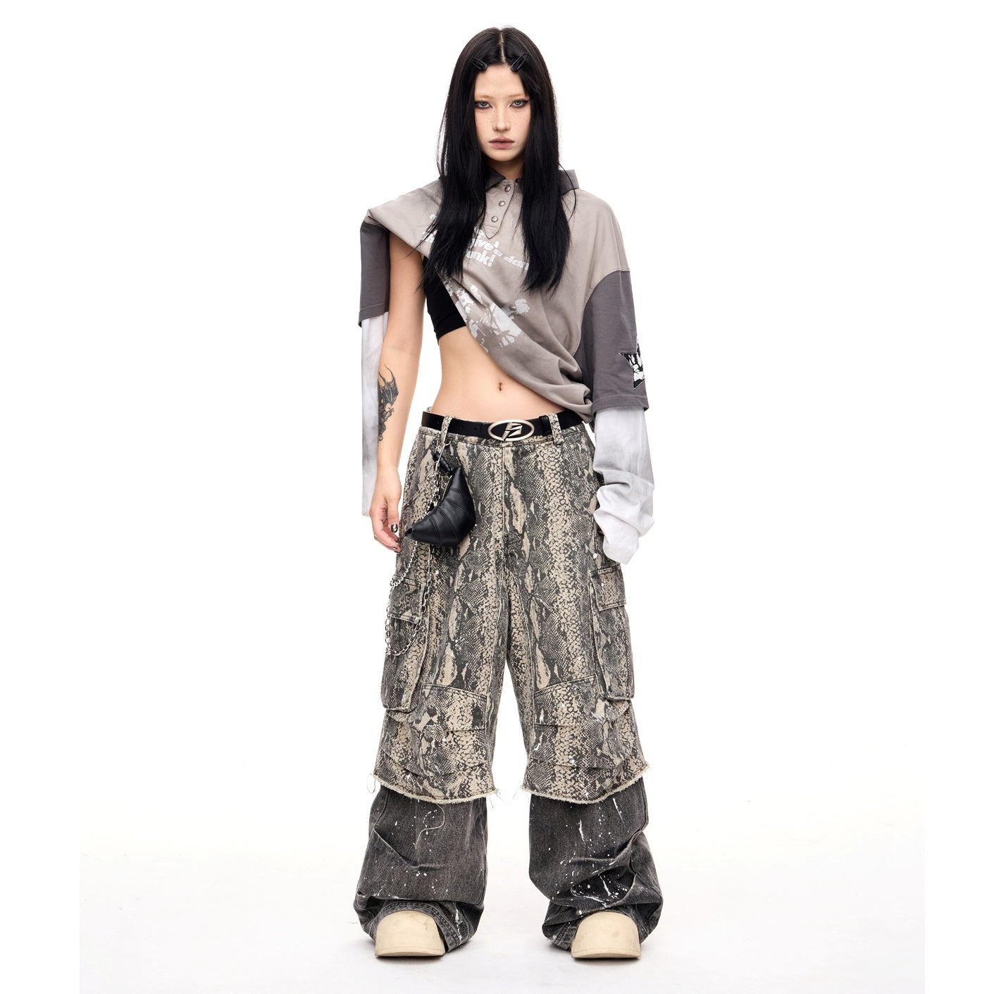 Fake Two-piece Python Print Panelled Baggy Pants MB7321