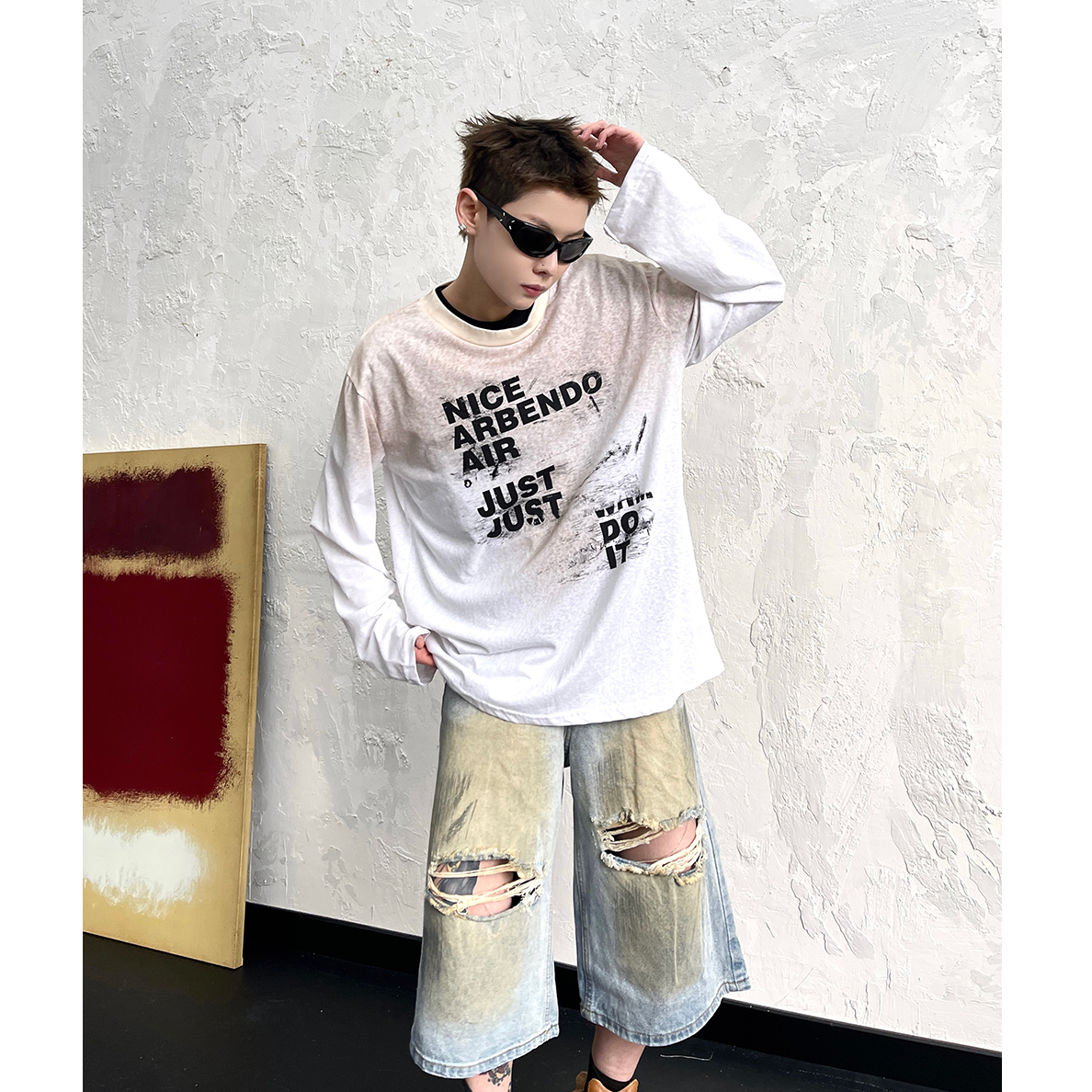 Letter Print Tie-dye Long Sleeve T-shirt EAT092