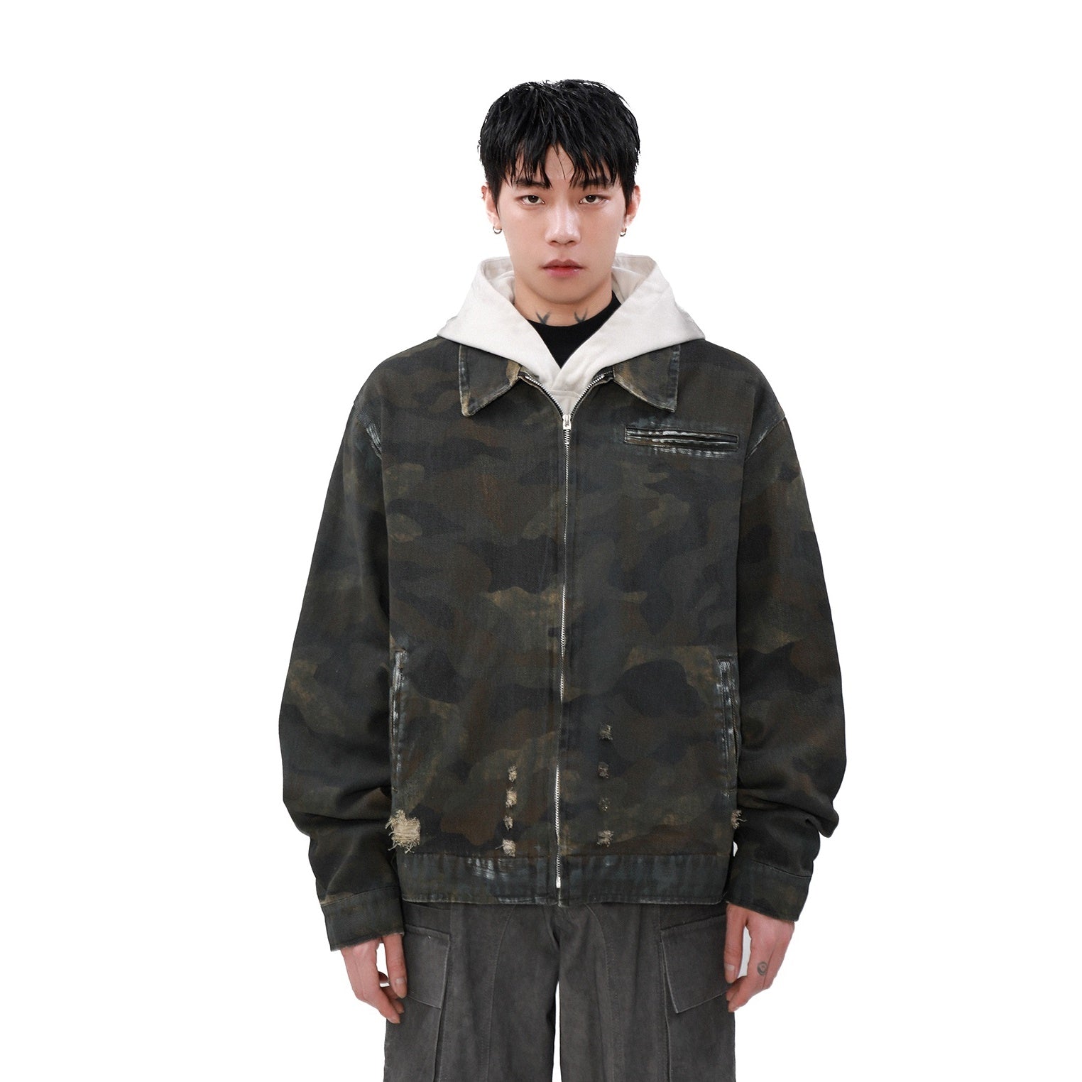 Distressed Vintage Camouflage Work Denim Jacket MB7181