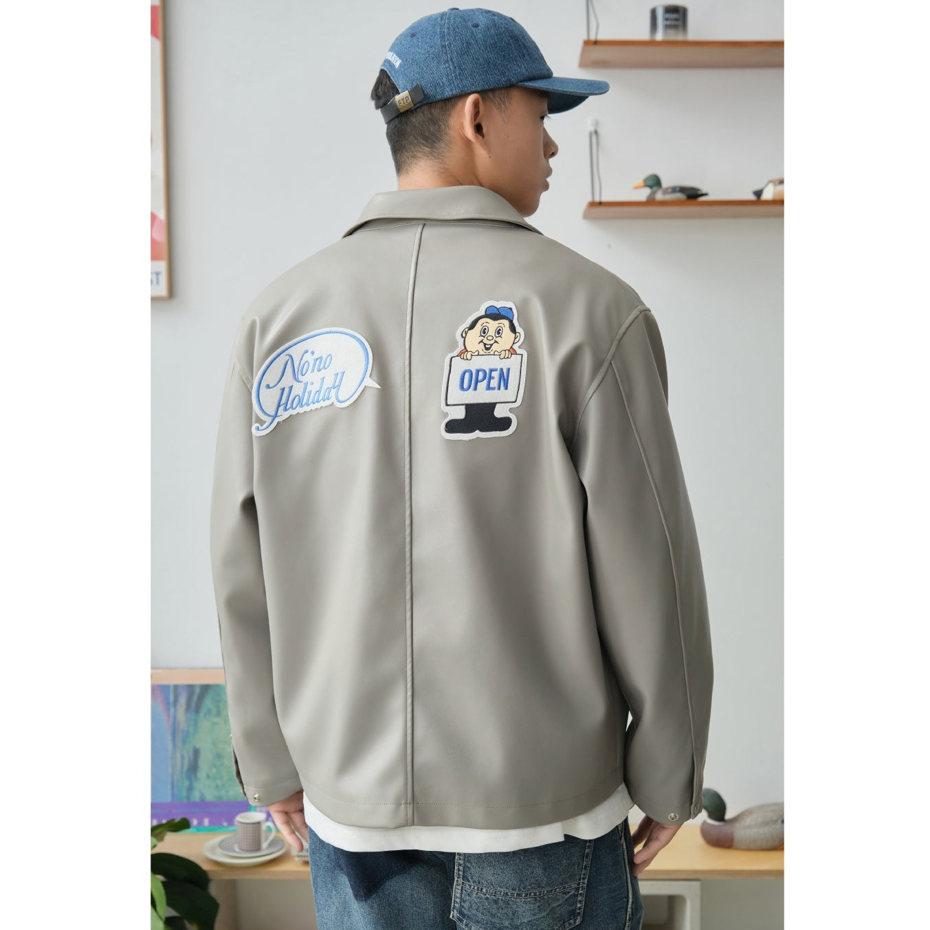 Fake Leather Embroidery Zip-up Jacket BT7001