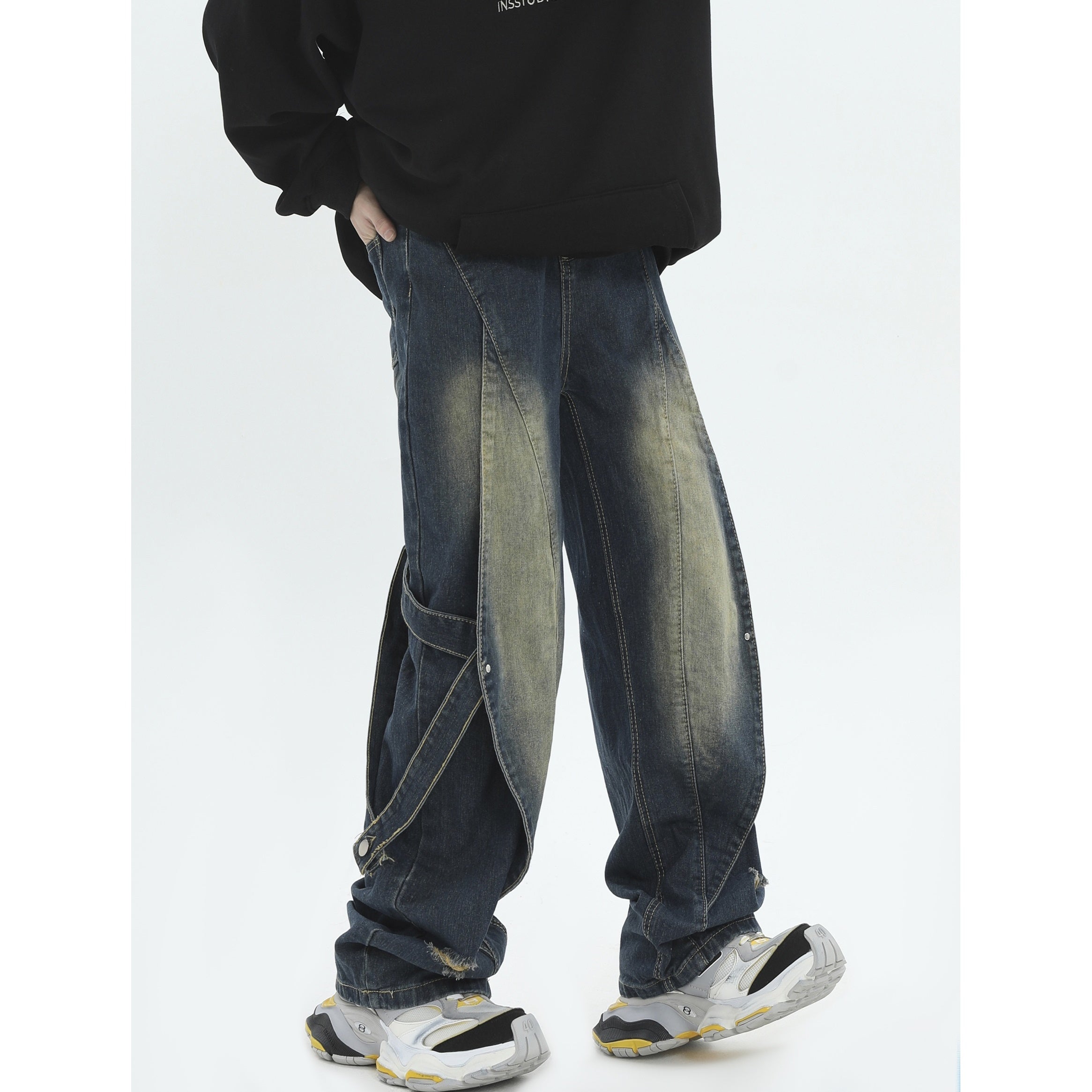 Distressed Washed 3D Panelled Strap Street Jeans IN7010
