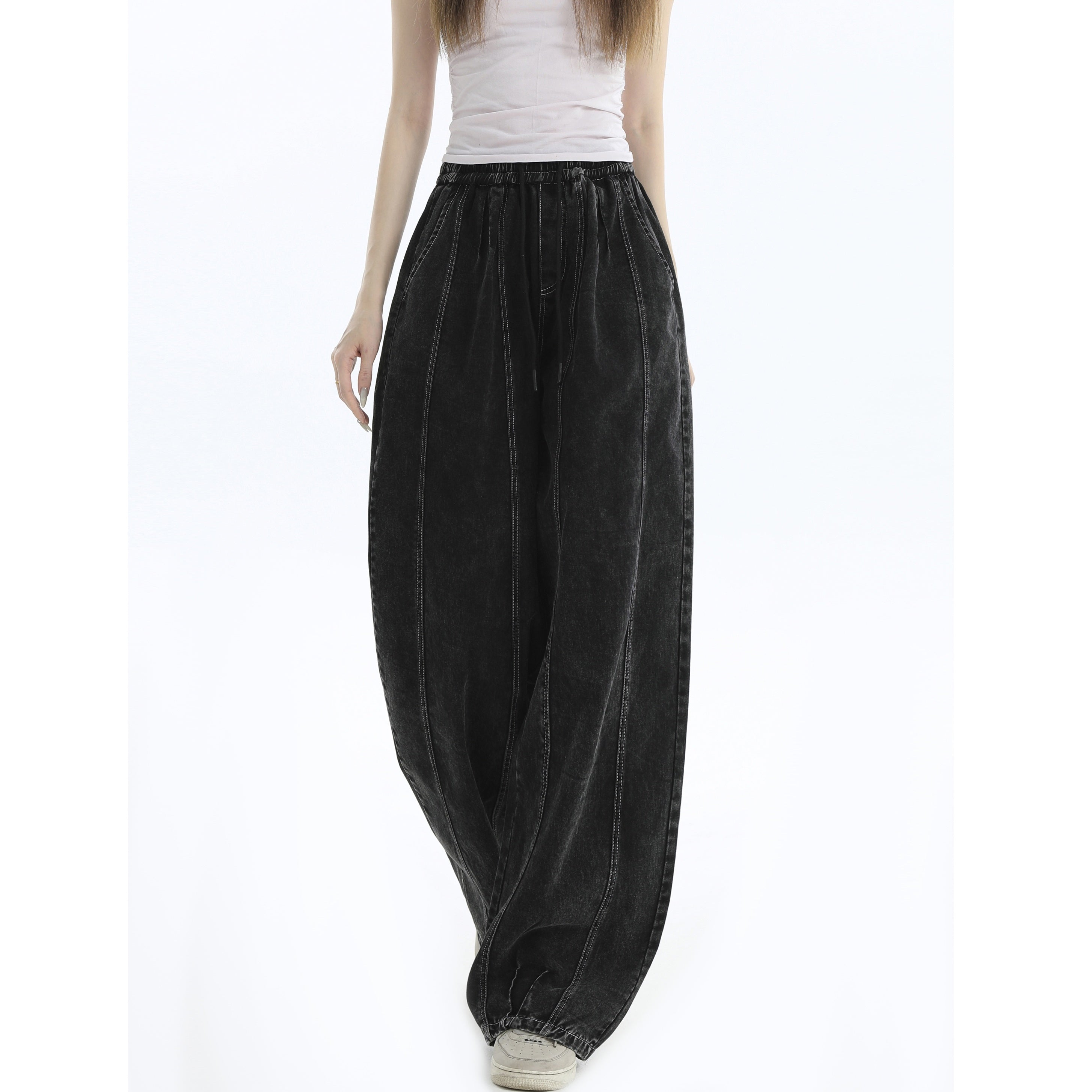 Splicing Crimping Wash Loose Jeans IN7046