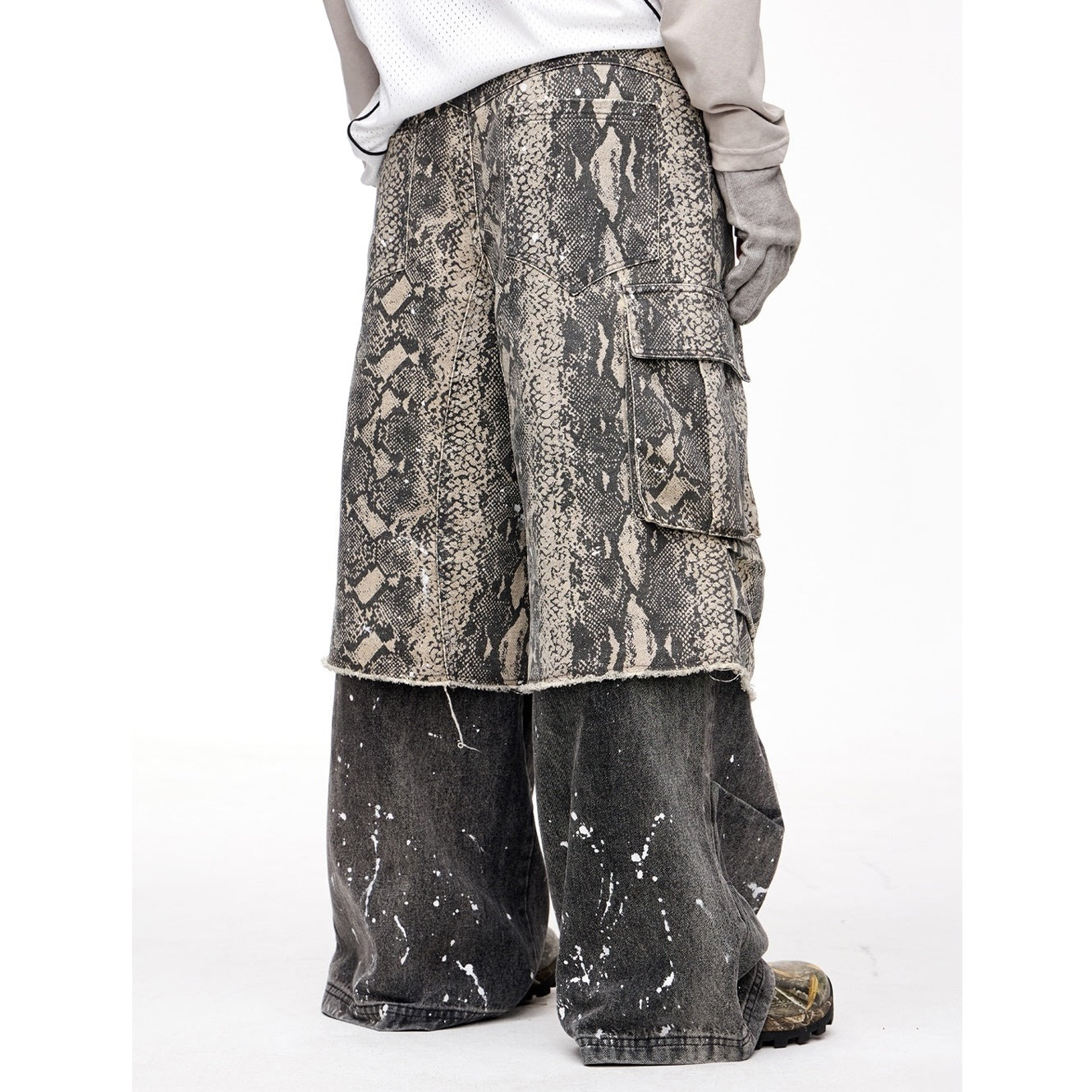 Fake Two-piece Python Print Panelled Baggy Pants MB7321