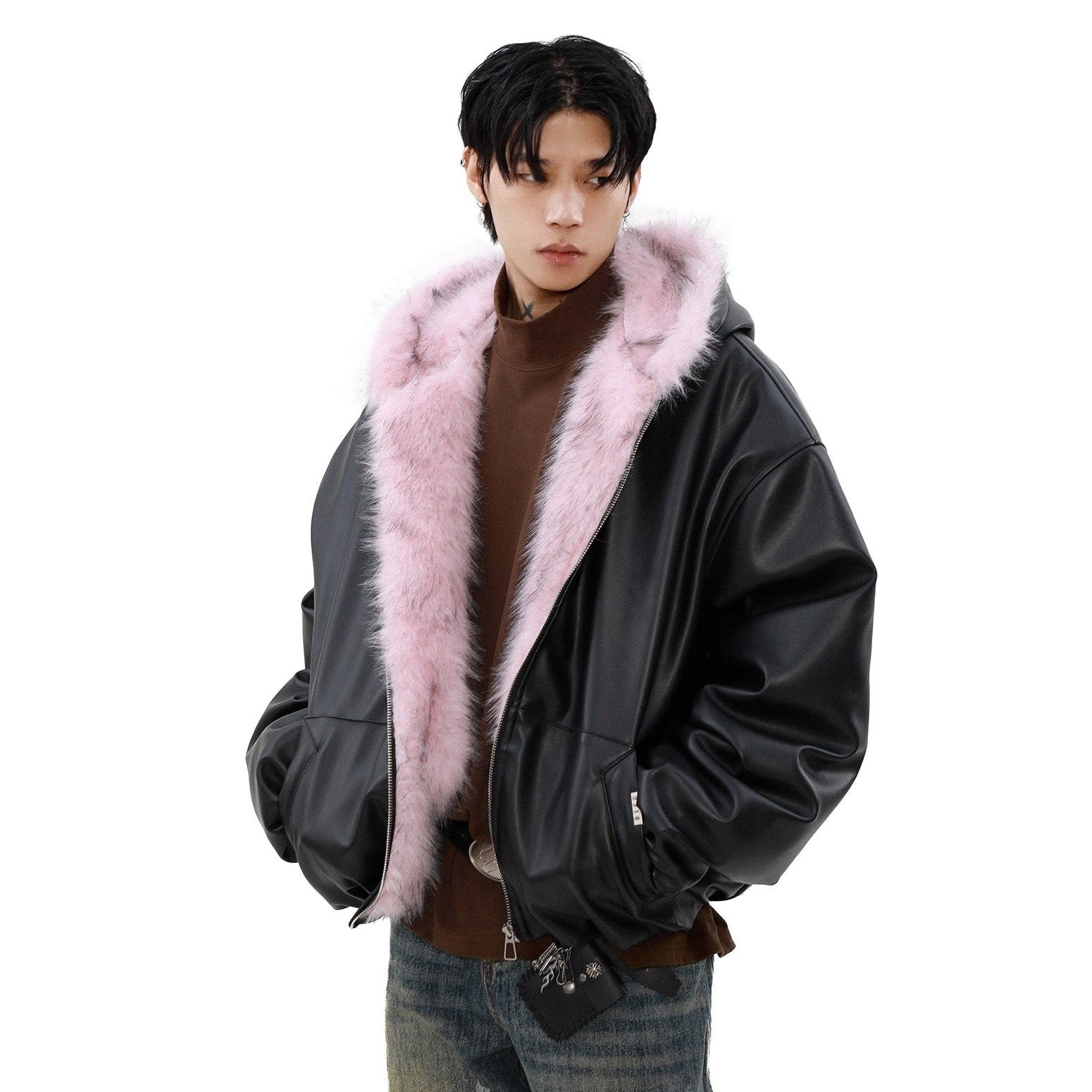 Plush PU Leather Hooded Jacket MB7294
