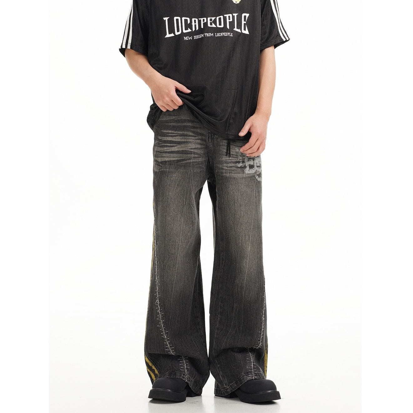 Three-bar Washed Loose Straight Jeans EAT080