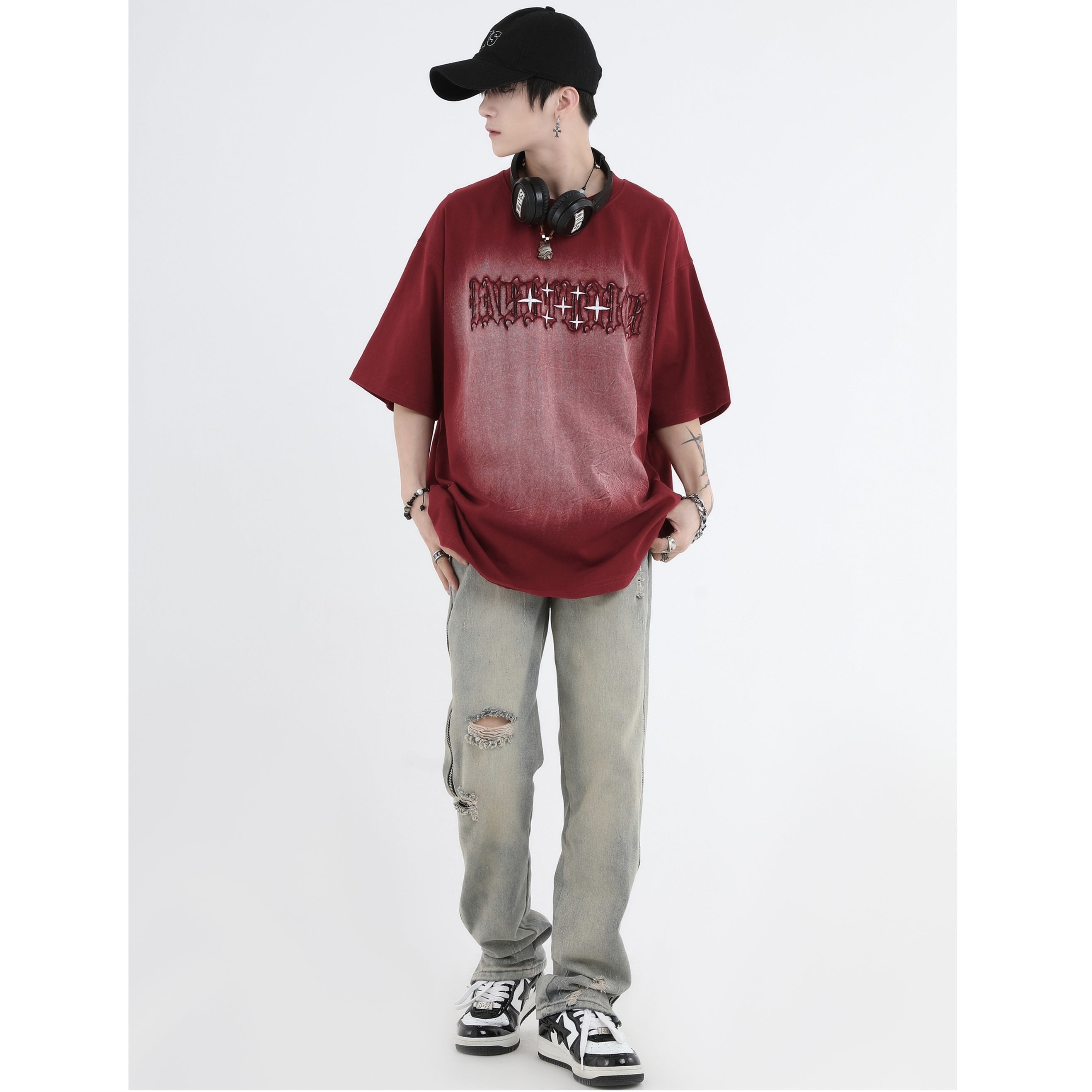 Gothic Font Embroidery LOGO Wash T-Shirt IN7011