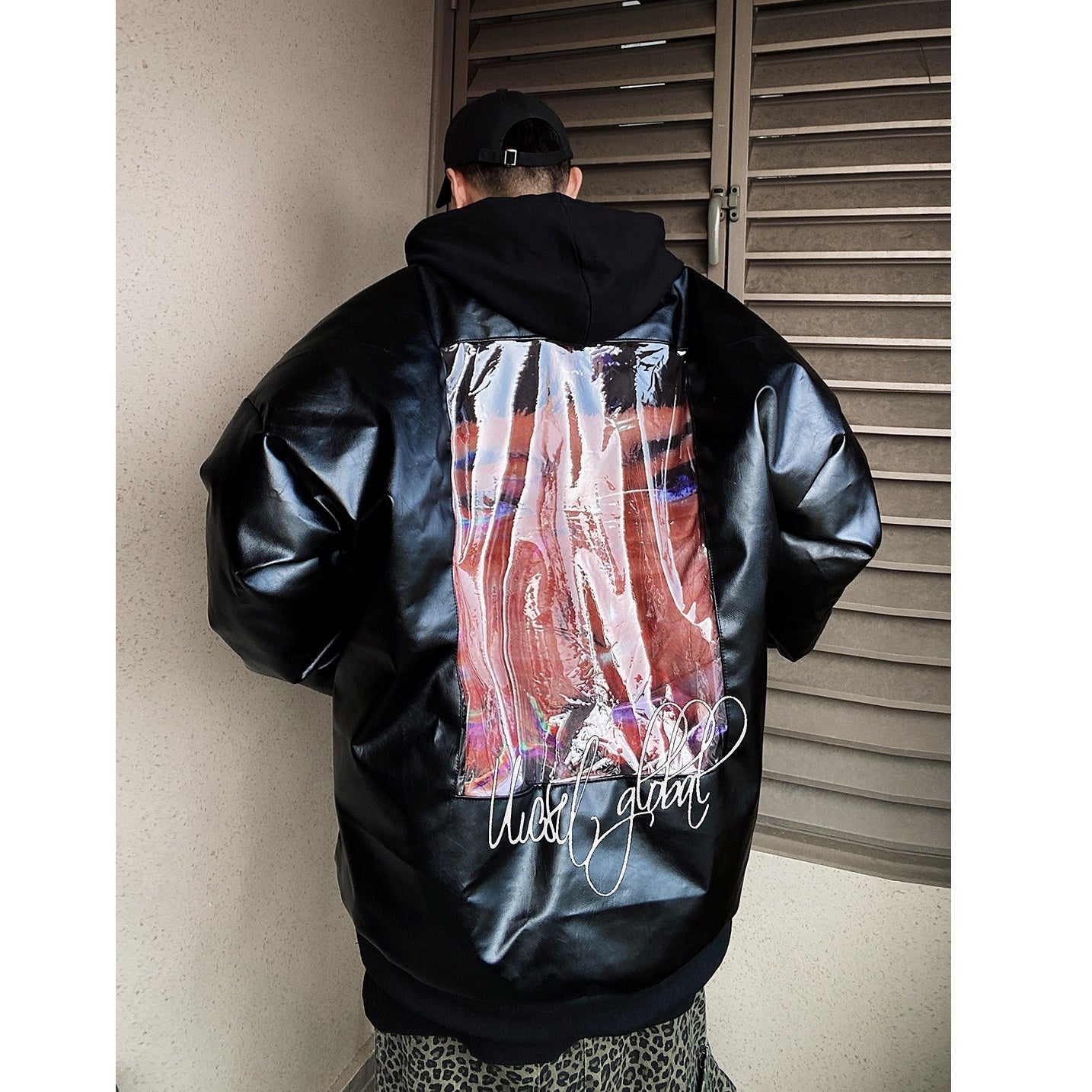Back Print Loose PU Leather Down Jacket UU7012