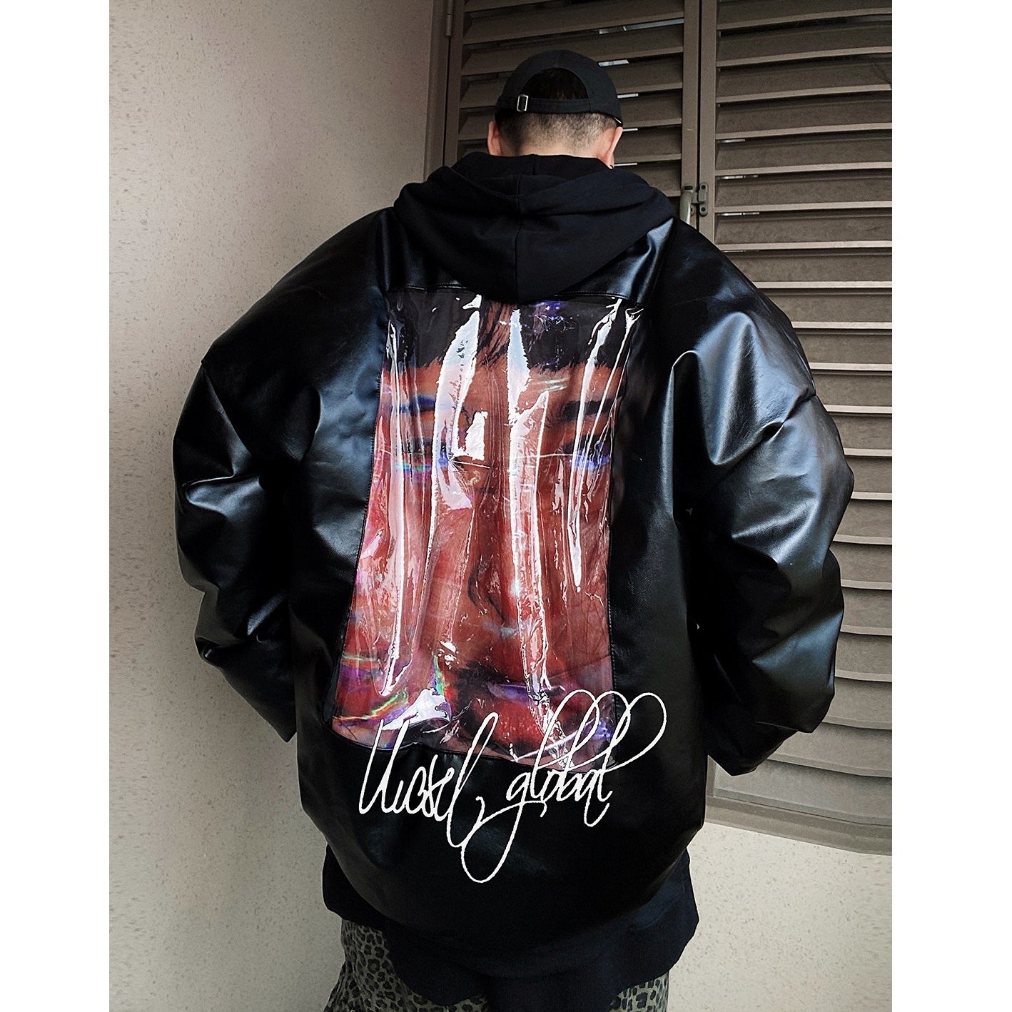 Back Print Loose PU Leather Down Jacket UU7012